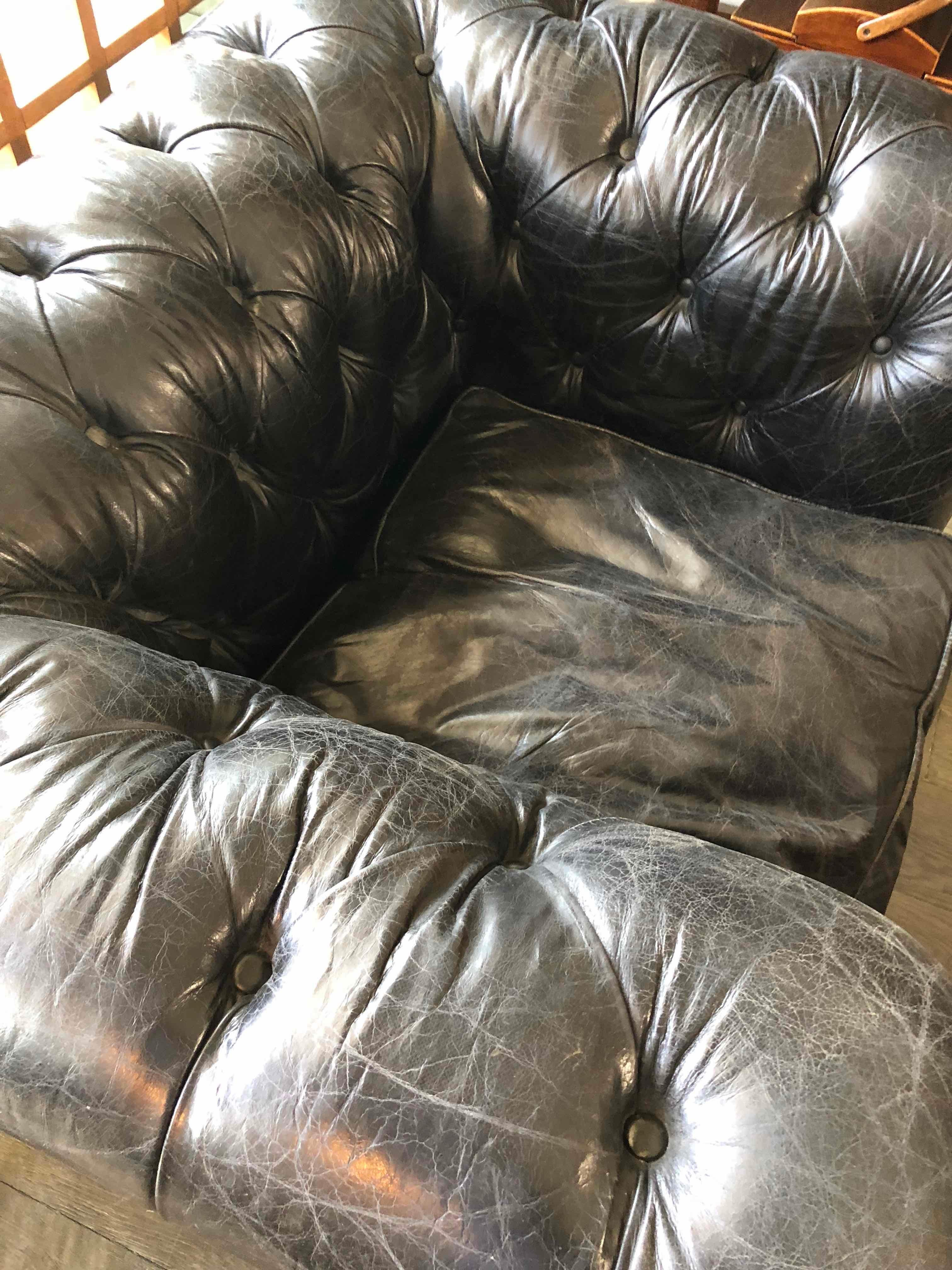 Chesterfield Oversized Tufted Armchair in Original Black Leather  In Good Condition In Los Angeles, CA