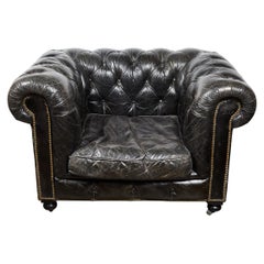 Antique Chesterfield Oversized Tufted Armchair in Original Black Leather 