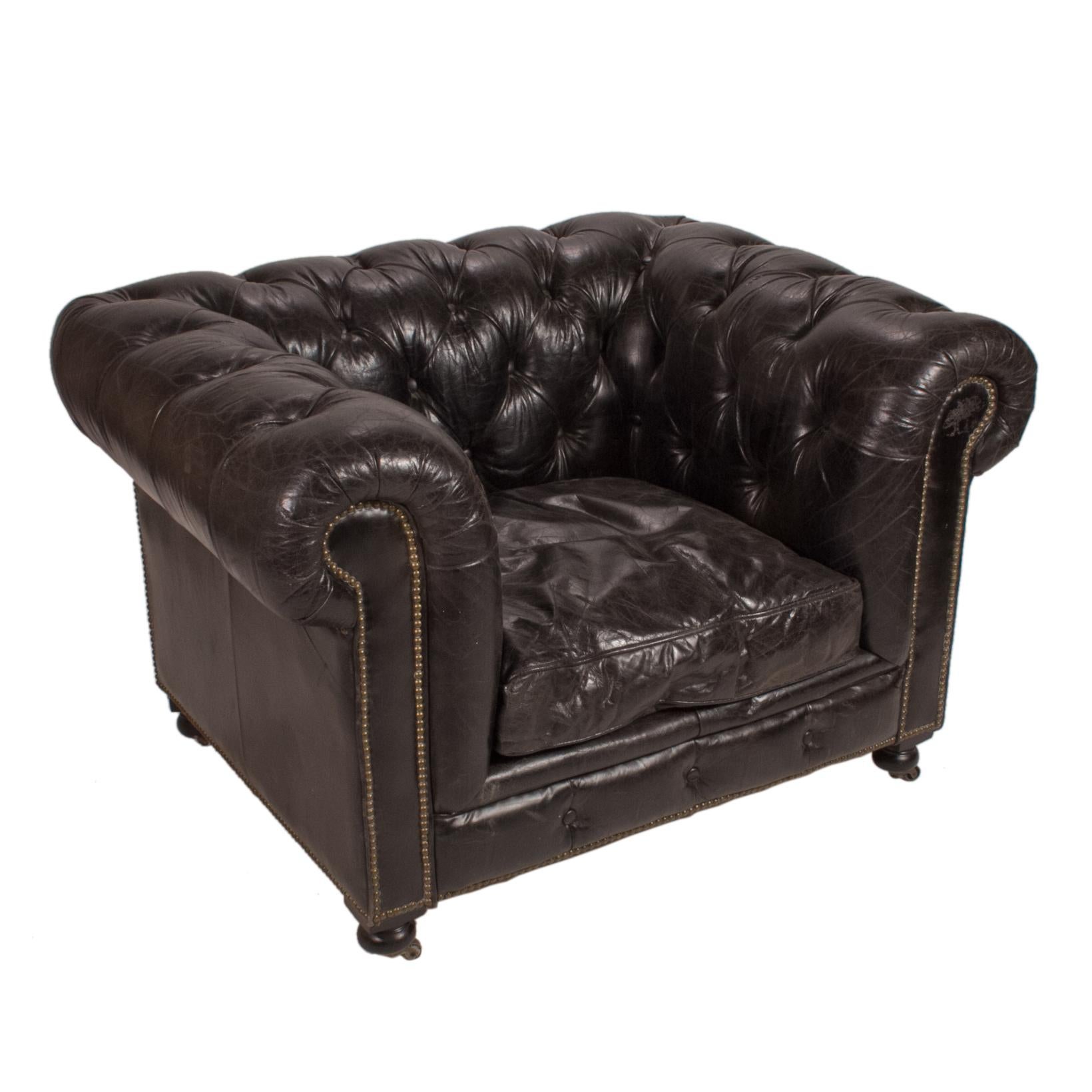 Chesterfield Oversized Tufted Armchair in Original Black Leather 