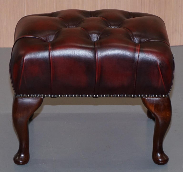 Chesterfield Oxblood Leather Mahogany Frame Footstool Wingbacks Armchair at 1stDibs