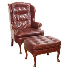 Vintage Chesterfield Oxblood Leather Wingback Armchair with Ottoman