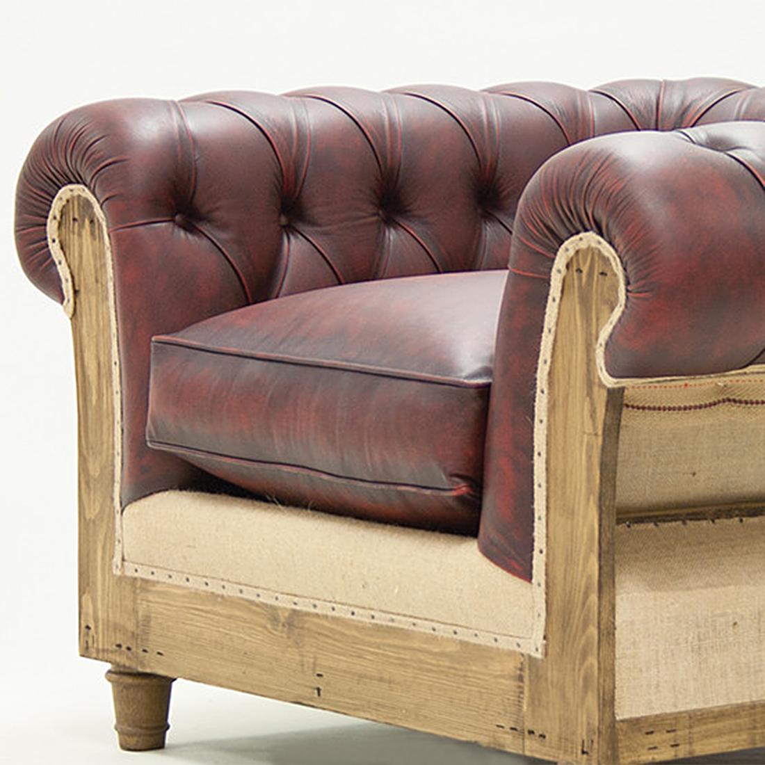 Hand-Crafted Chesterfield Raw Armchair with Red Vintage Leather For Sale
