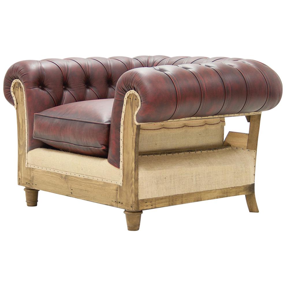 Chesterfield Raw Armchair with Red Vintage Leather For Sale