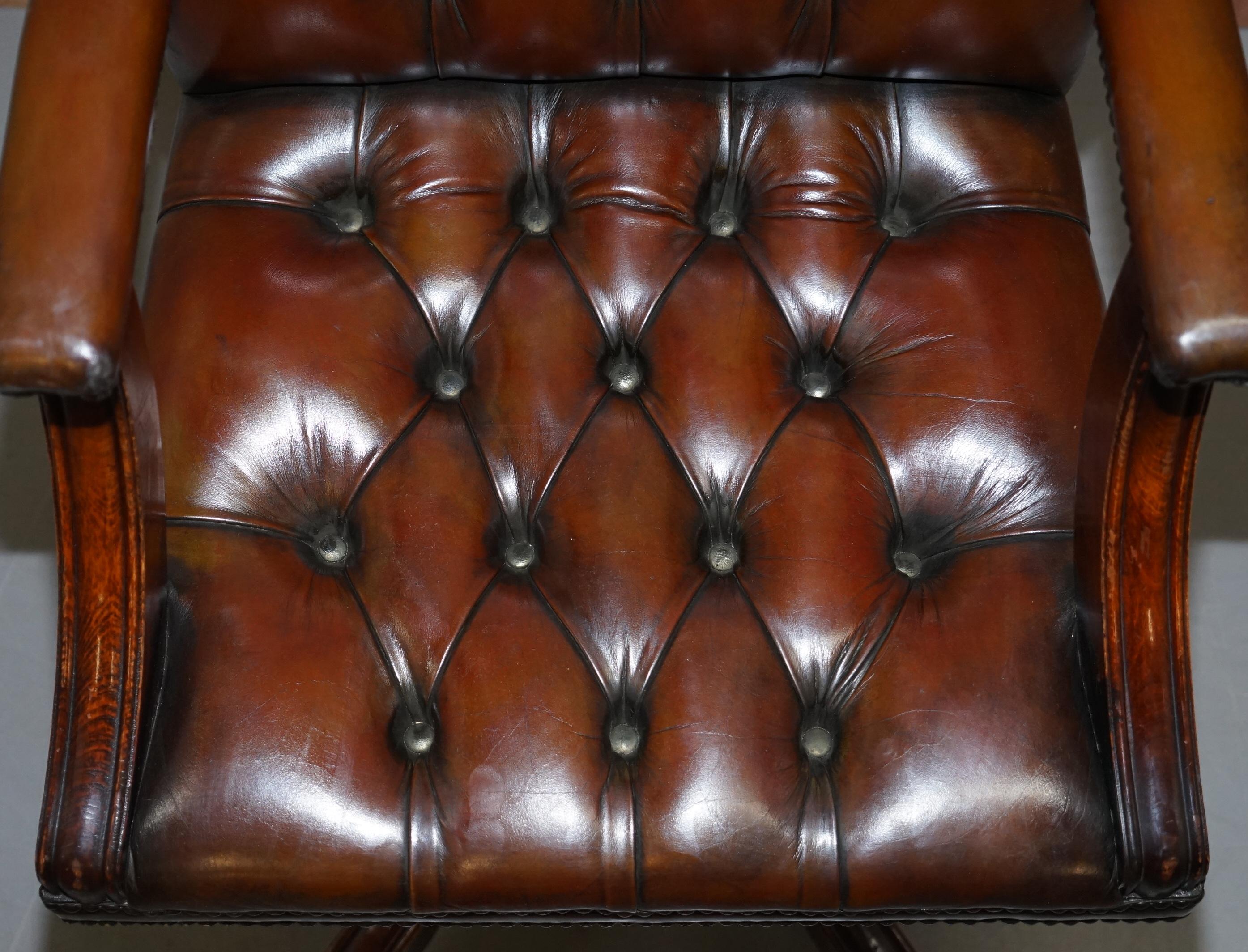 Art Deco Chesterfield Restored Vintage Brown Leather Captains Directors Office Chair