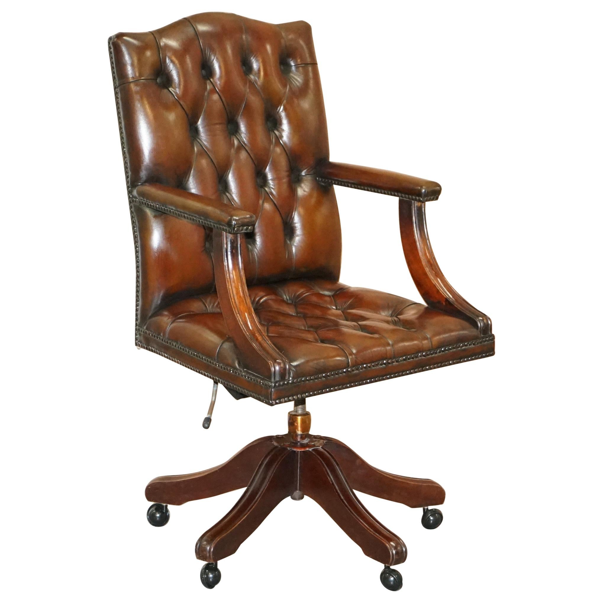 Chesterfield Restored Vintage Brown Leather Captains Directors Office Chair