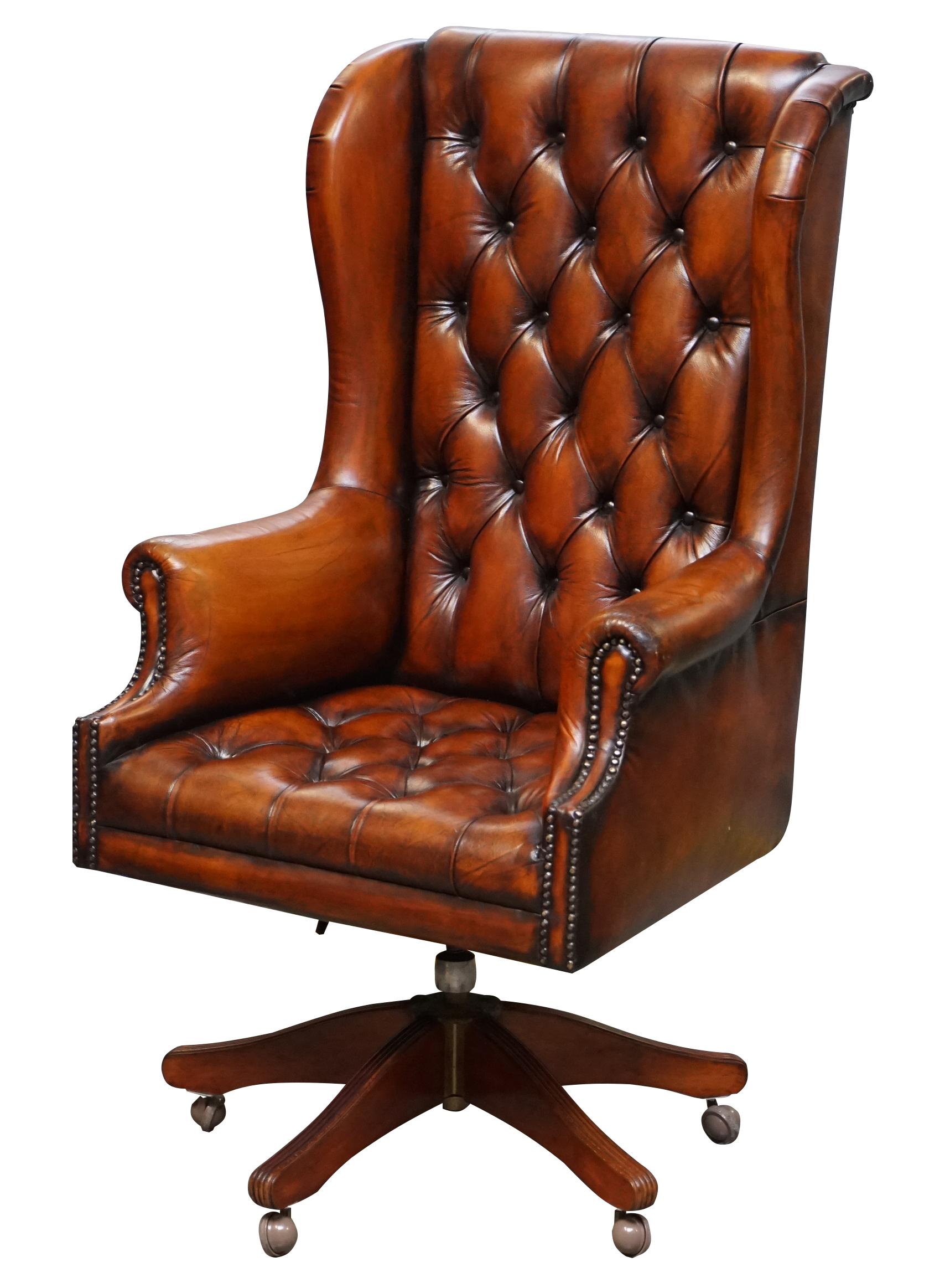 English Chesterfield Restored Wade Brown Leather Wingback Captains Directors Armchair
