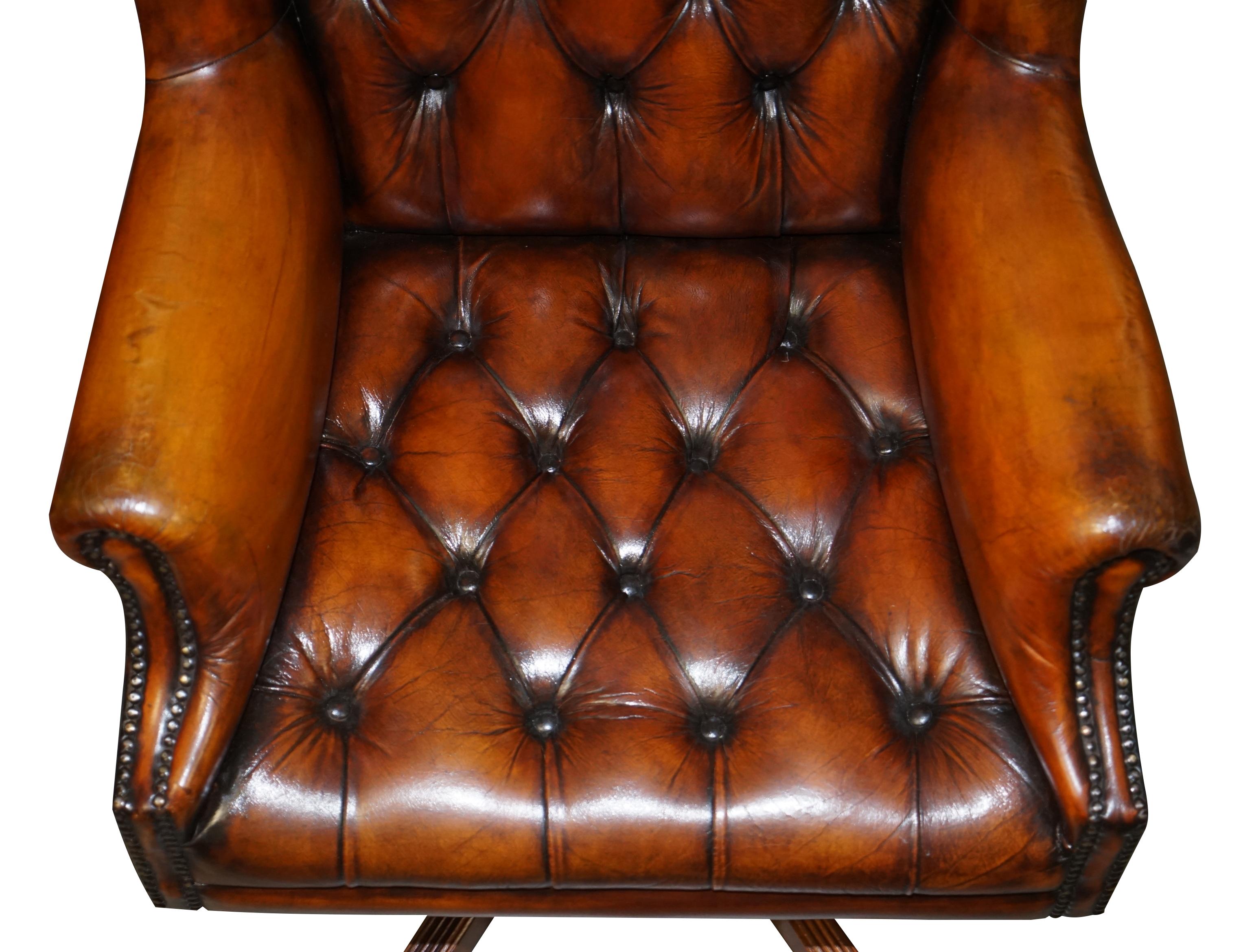 Hand-Crafted Chesterfield Restored Wade Brown Leather Wingback Captains Directors Armchair