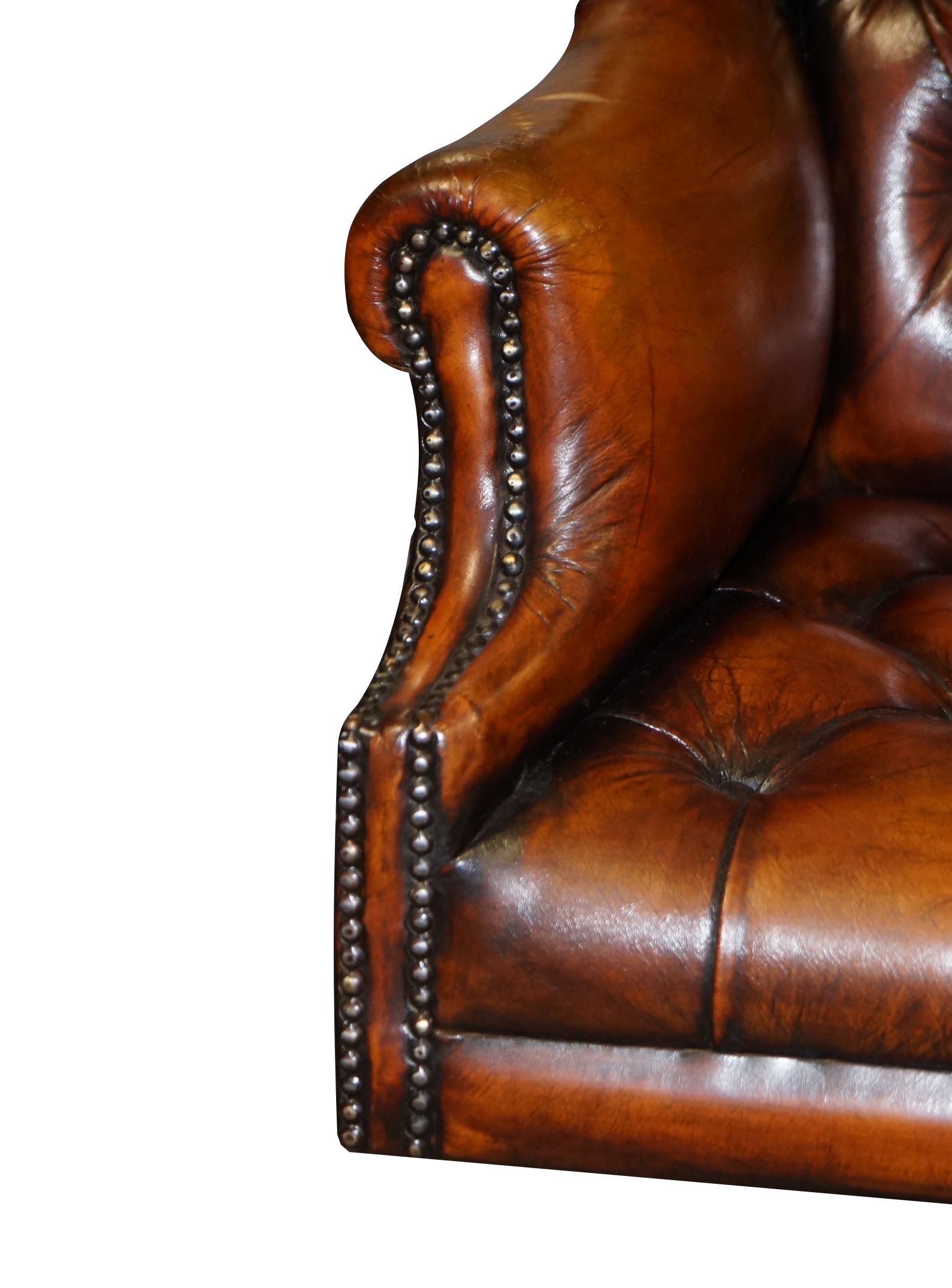 Chesterfield Restored Wade Brown Leather Wingback Captains Directors Armchair In Good Condition In West Sussex, Pulborough