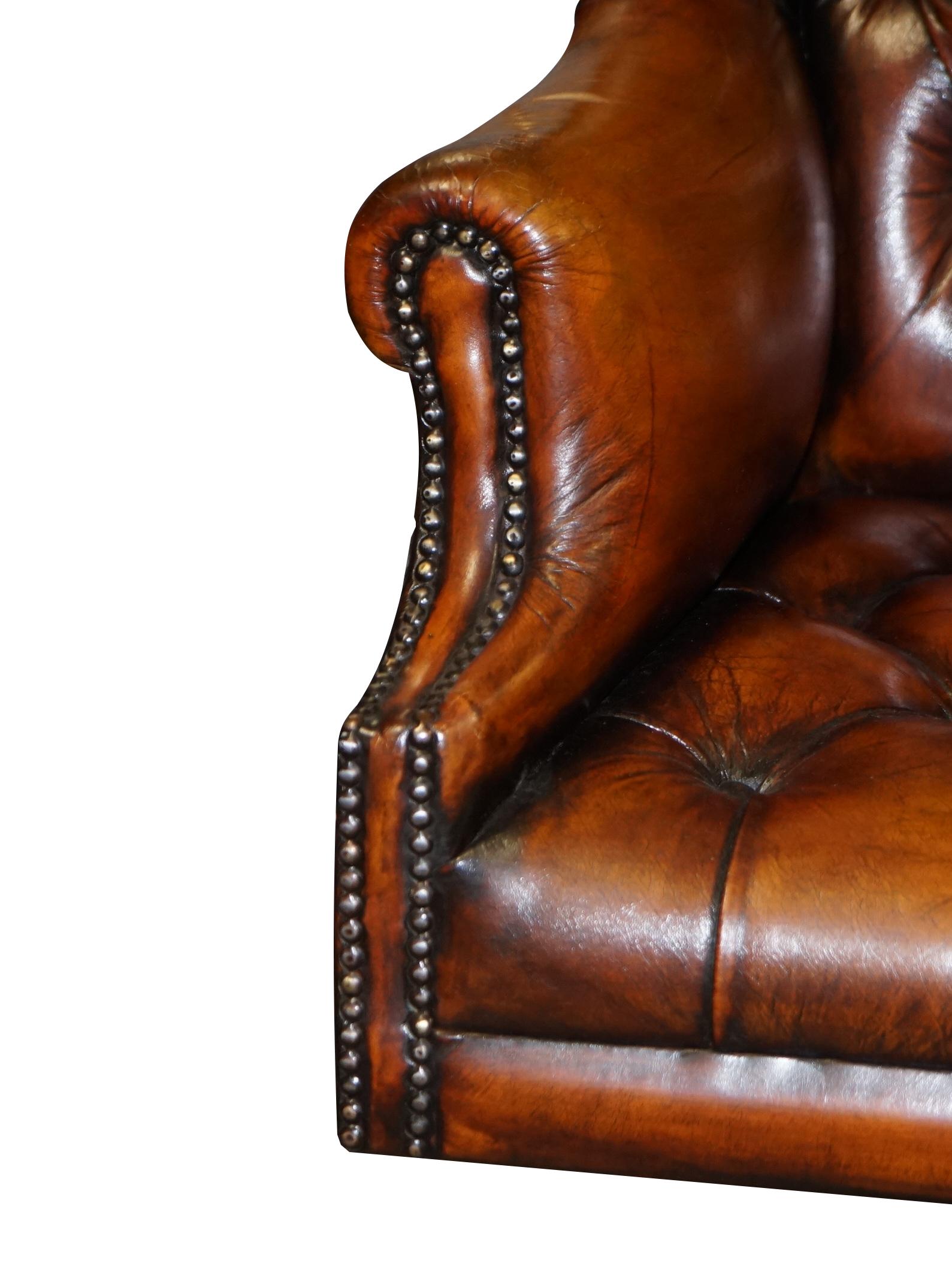 20th Century Chesterfield Restored Wade Brown Leather Wingback Captains Directors Armchair