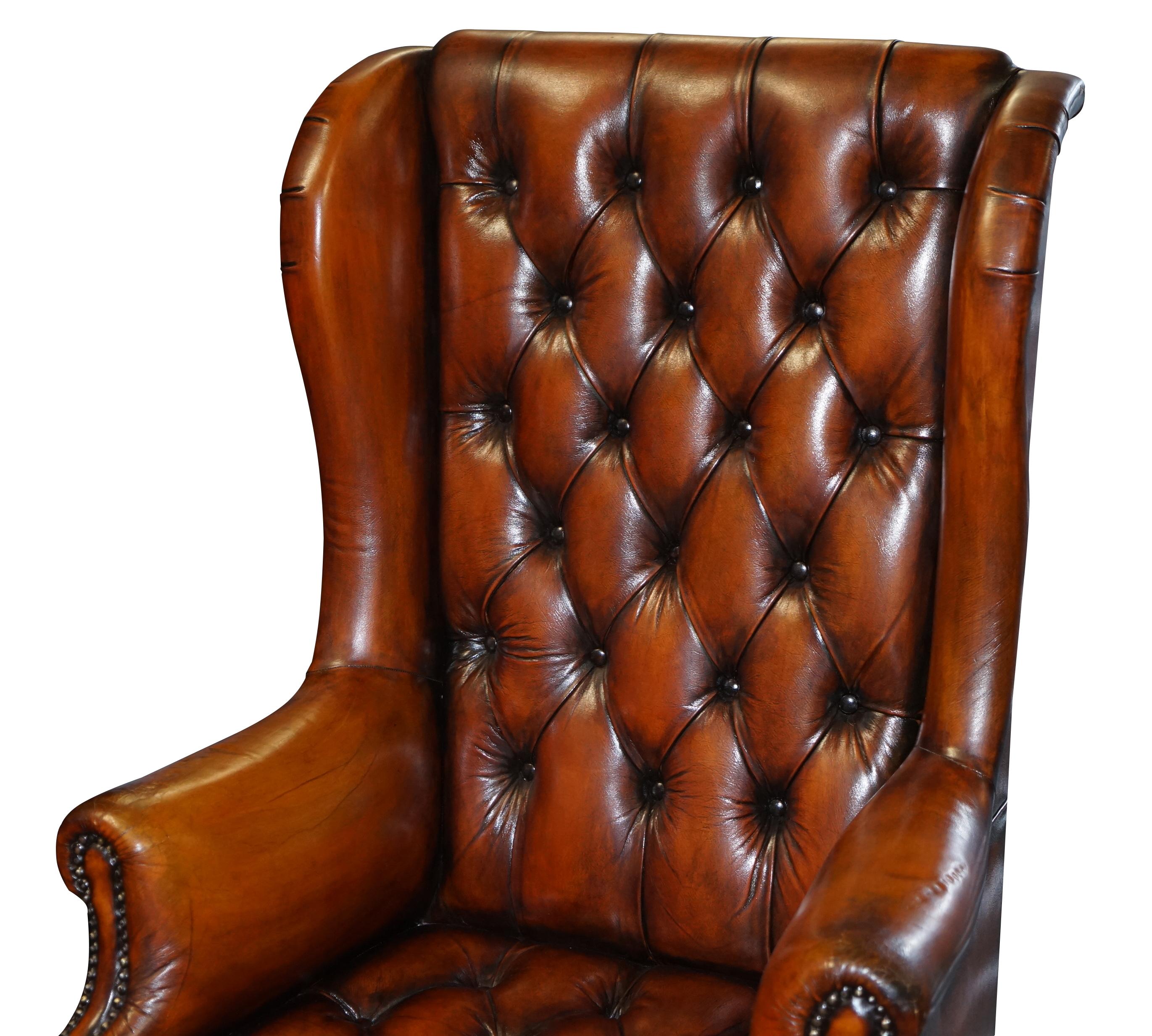 Chesterfield Restored Wade Brown Leather Wingback Captains Directors Armchair 3