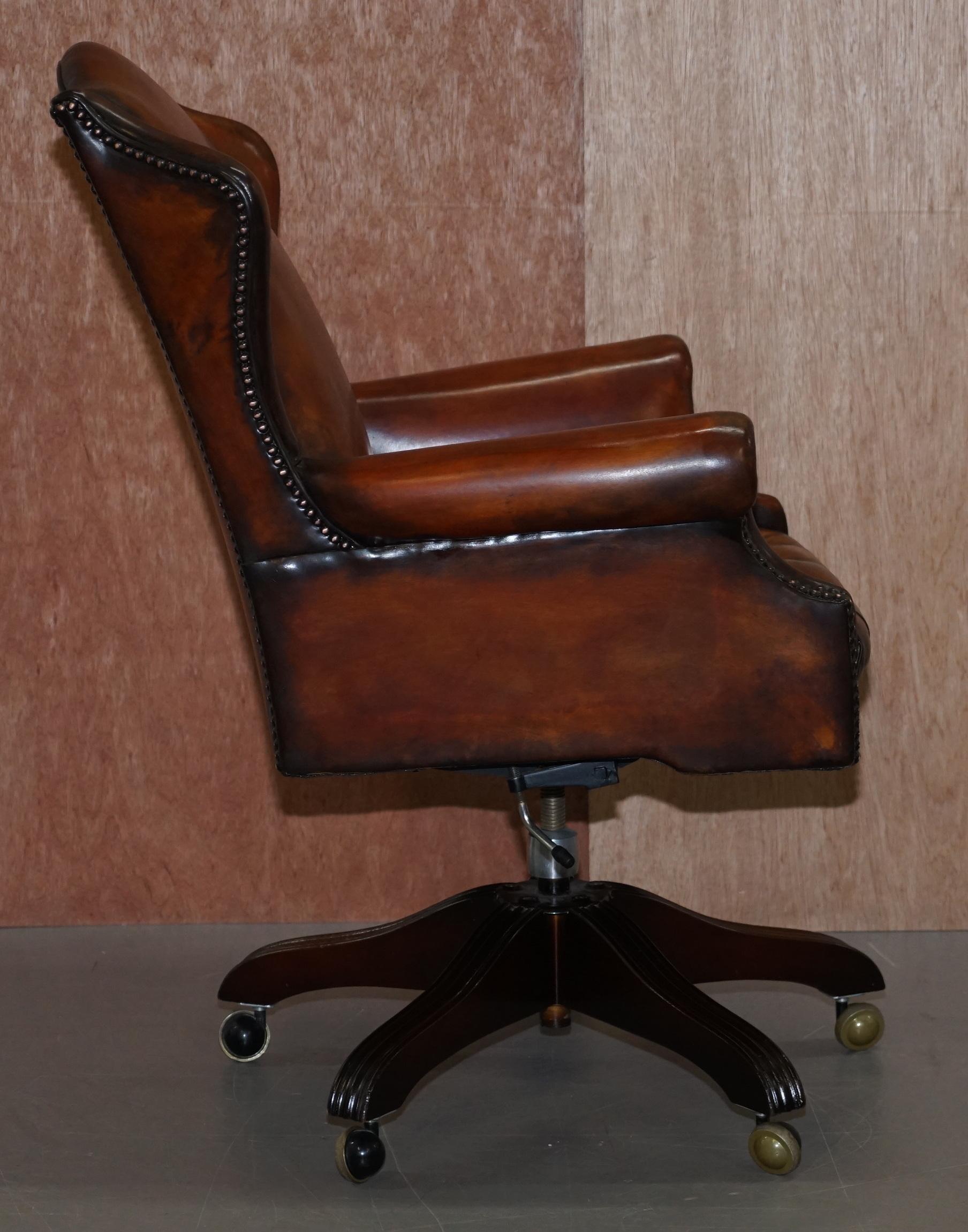 Chesterfield Restored Wade Upholstery Brown Leather Wingback Captains Chair 3