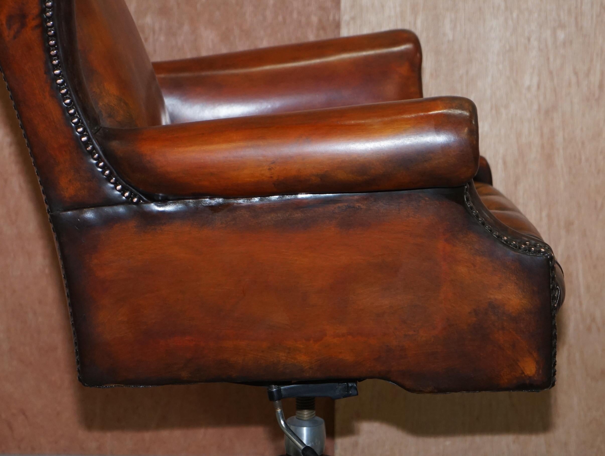 Chesterfield Restored Wade Upholstery Brown Leather Wingback Captains Chair 4