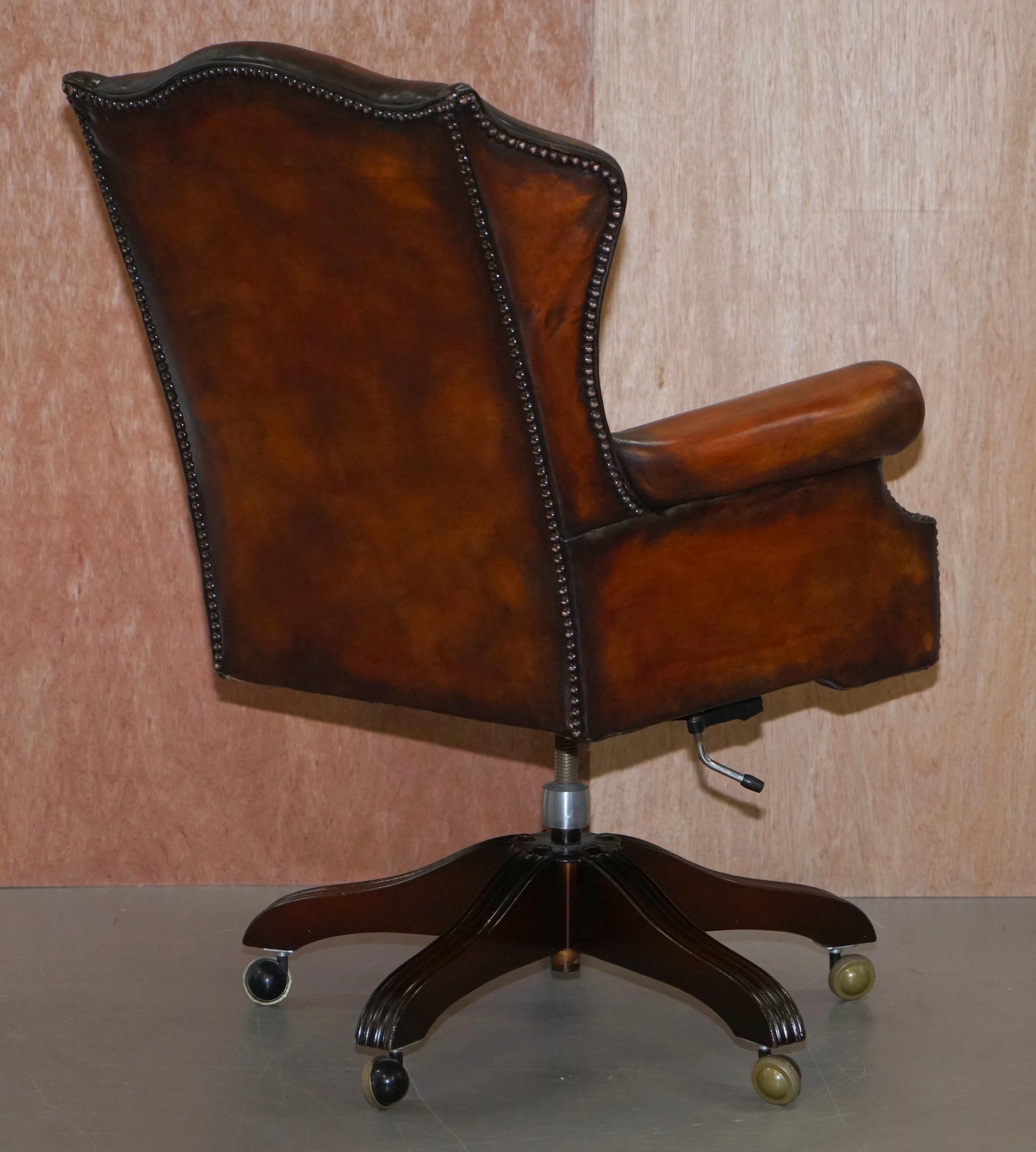 Chesterfield Restored Wade Upholstery Brown Leather Wingback Captains Chair 5