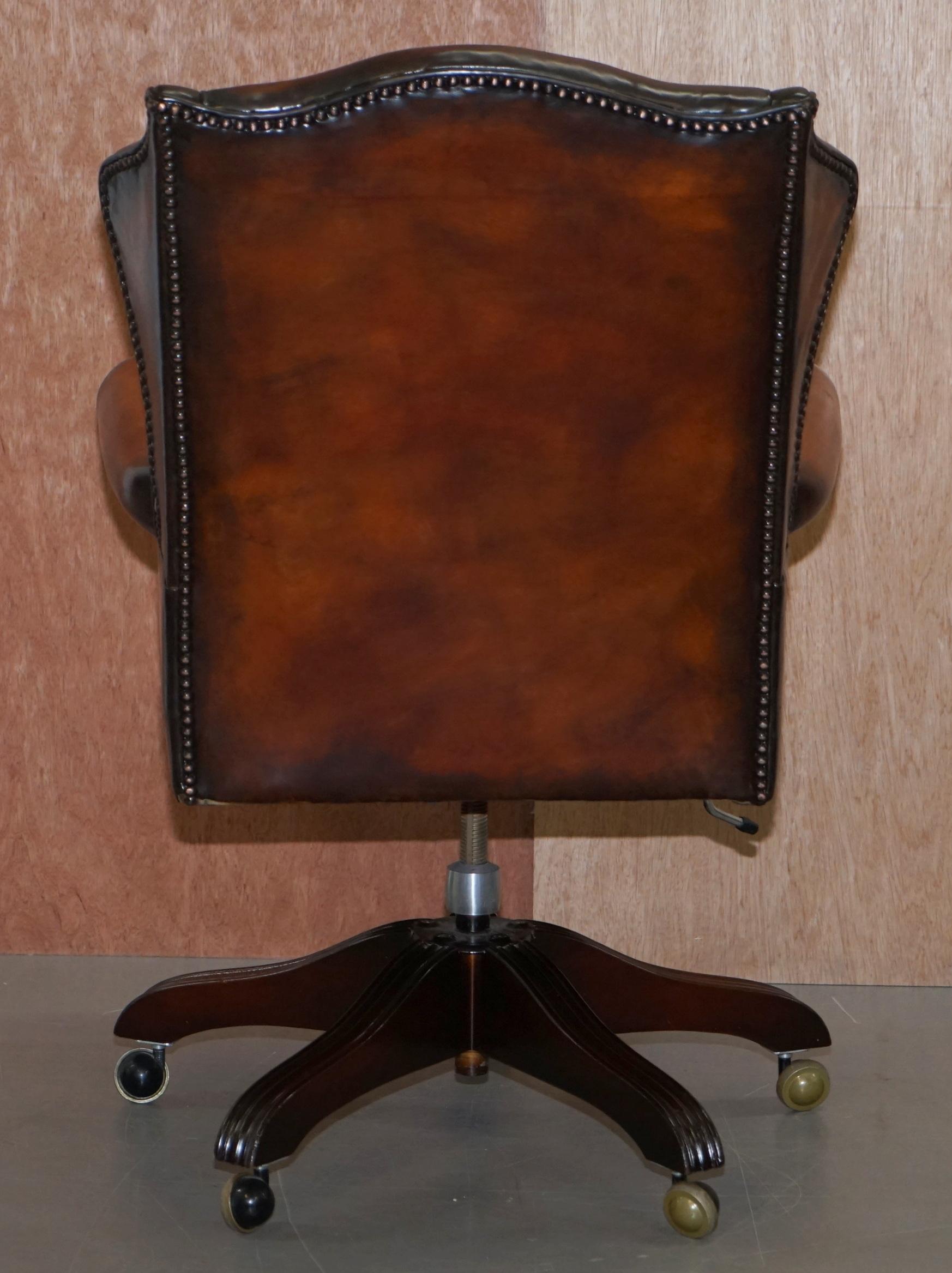 Chesterfield Restored Wade Upholstery Brown Leather Wingback Captains Chair 6
