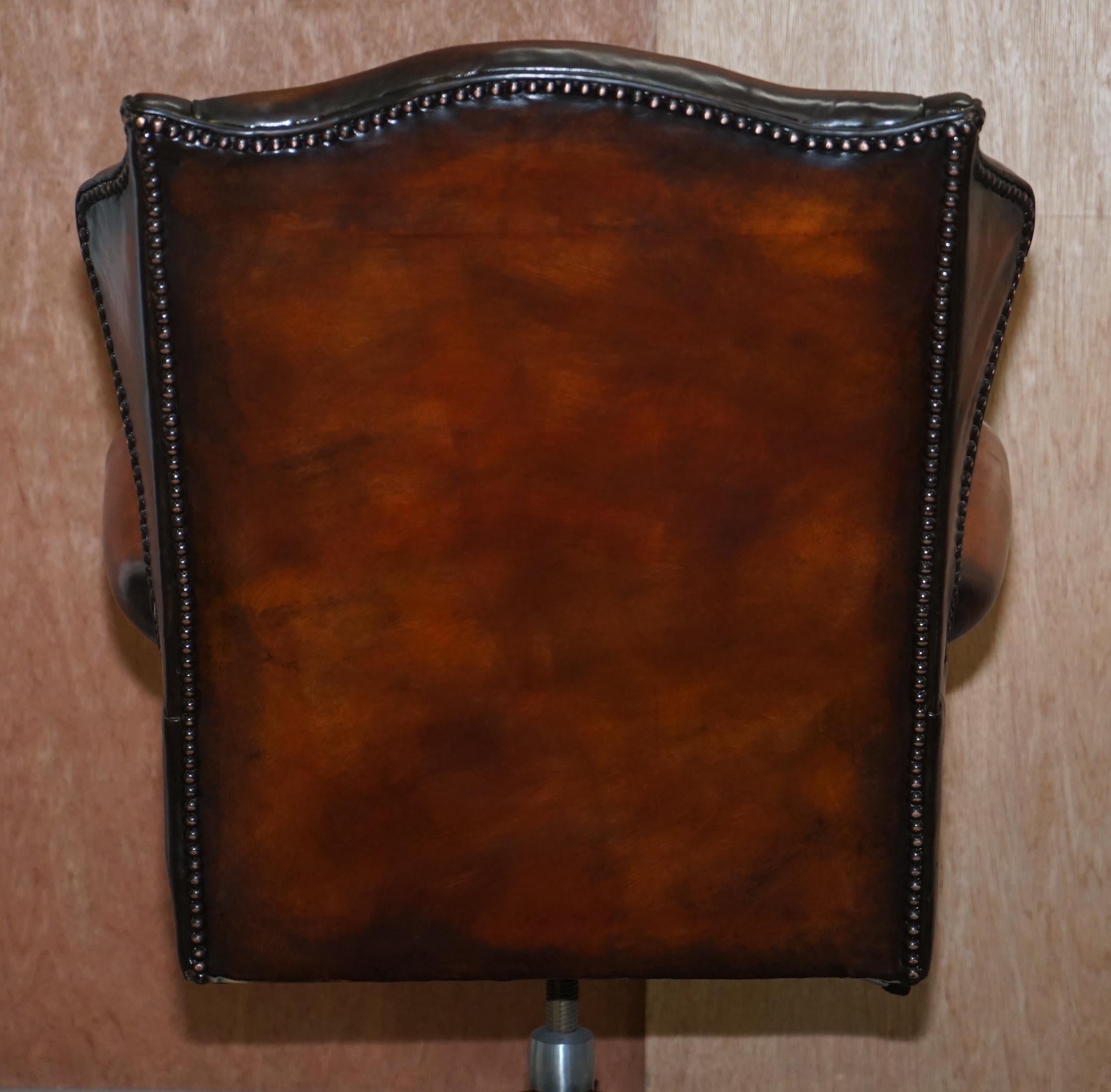 Chesterfield Restored Wade Upholstery Brown Leather Wingback Captains Chair 7