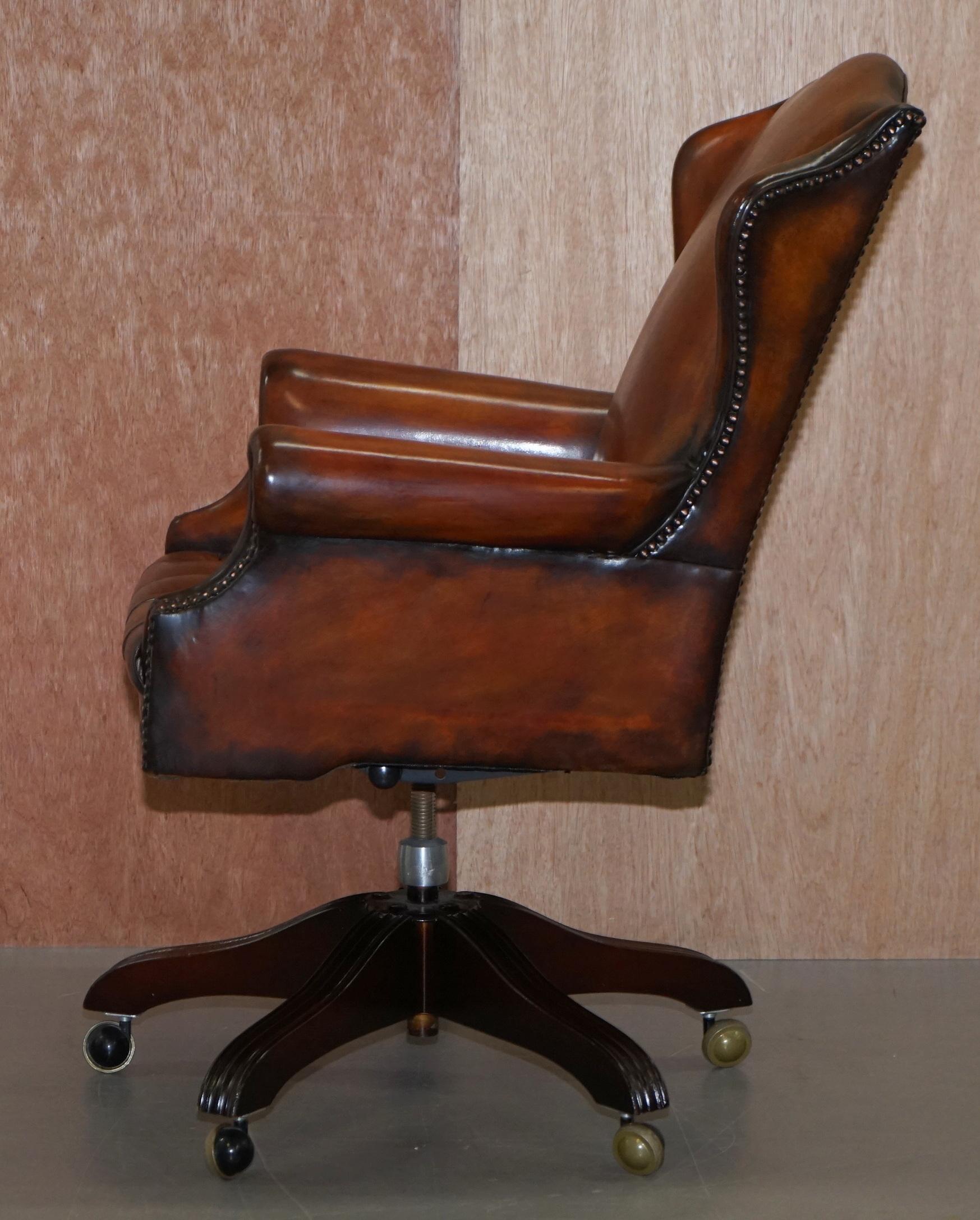Chesterfield Restored Wade Upholstery Brown Leather Wingback Captains Chair 8