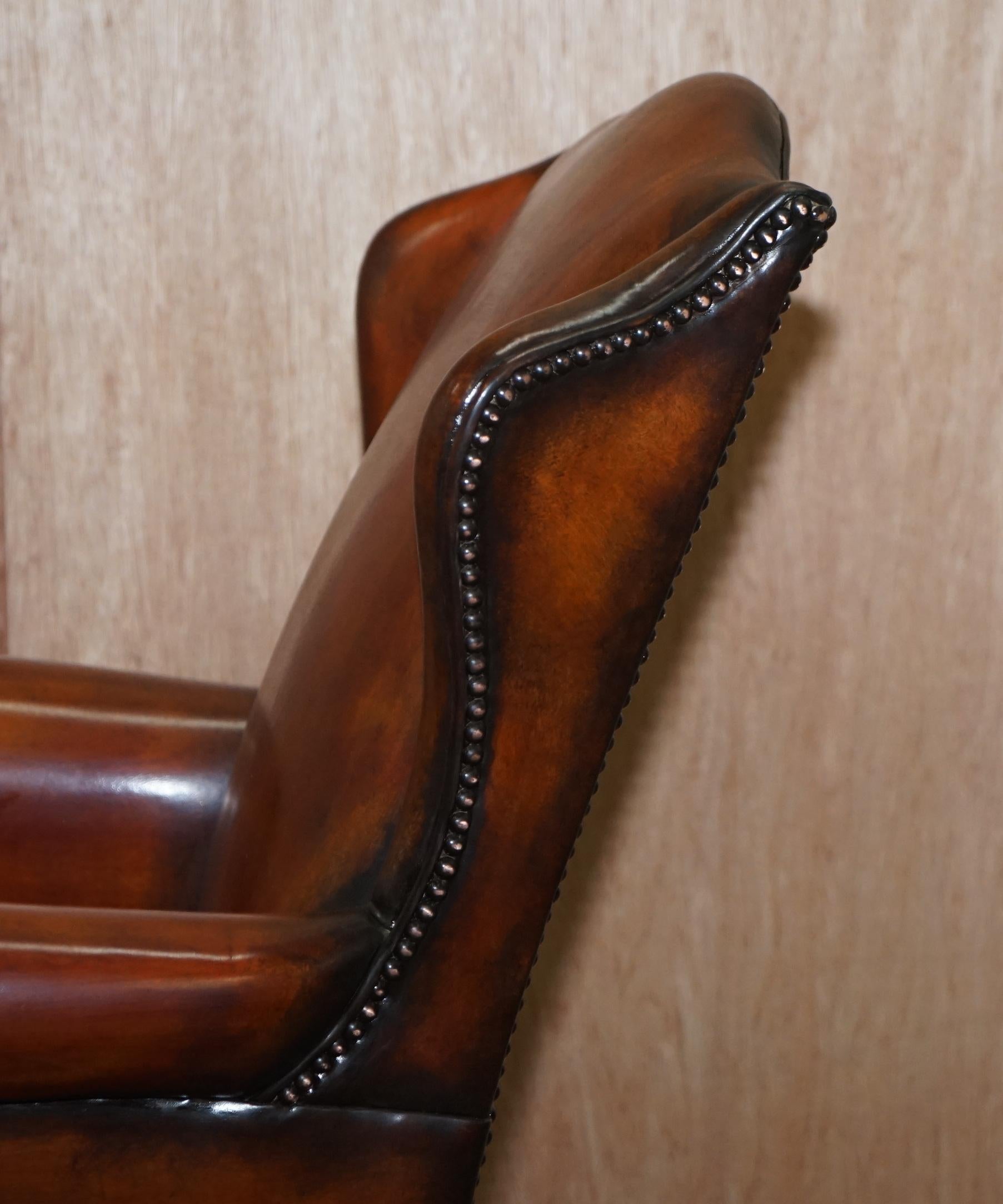 Chesterfield Restored Wade Upholstery Brown Leather Wingback Captains Chair 10