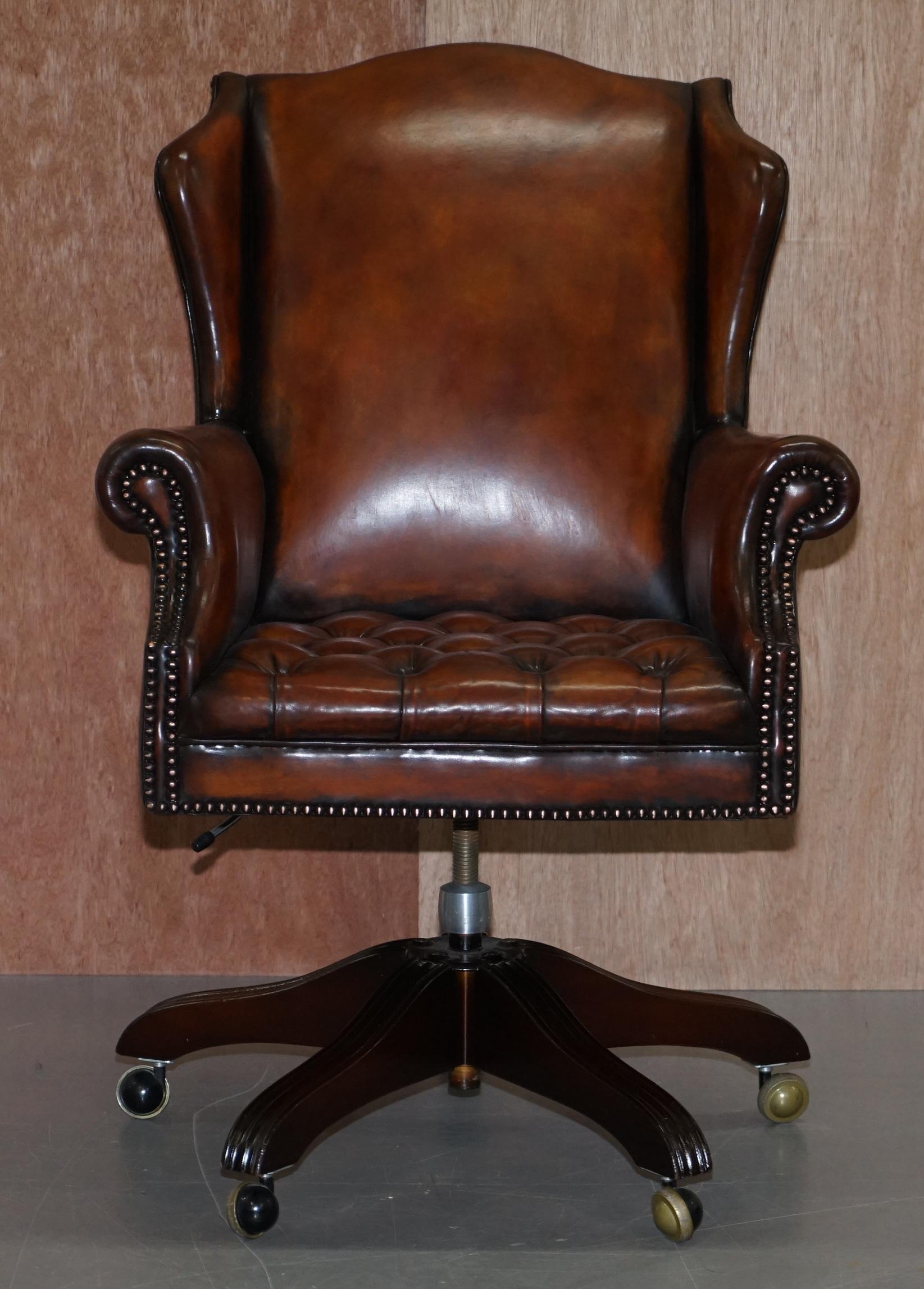 We are delighted to offer this stunning original hand made in England Wade Upholstery fully restored hand dyed whisky brown leather captains wingback armchair

A stunning piece, the frame is solid and beautifully crafted Mahogany, the leather is