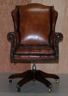 Chesterfield Restored Wade Upholstery Brown Leather Wingback Captains Chair