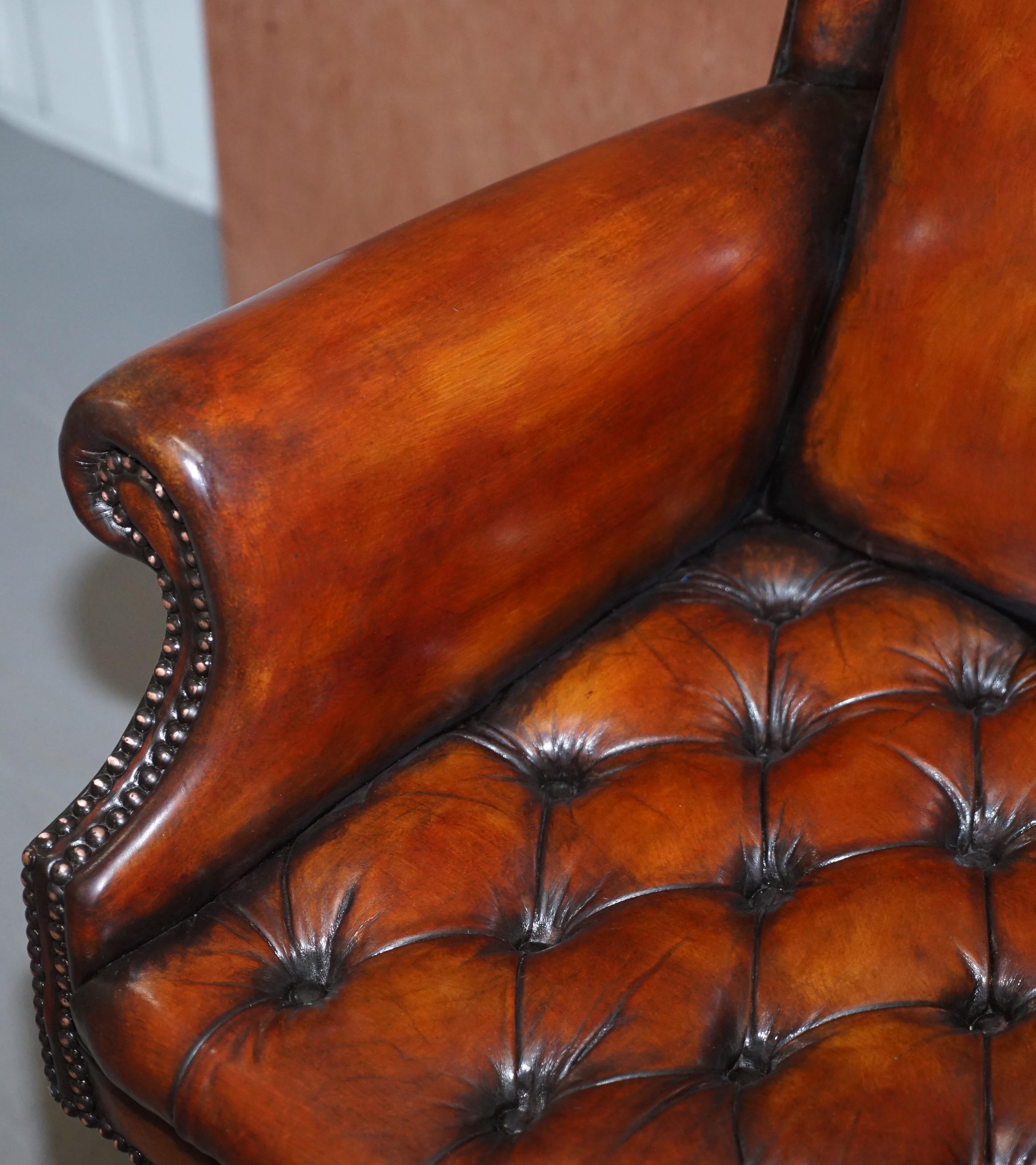 English Chesterfield Restored Wade Upholstery Brown Leather Wingback Captains Chair