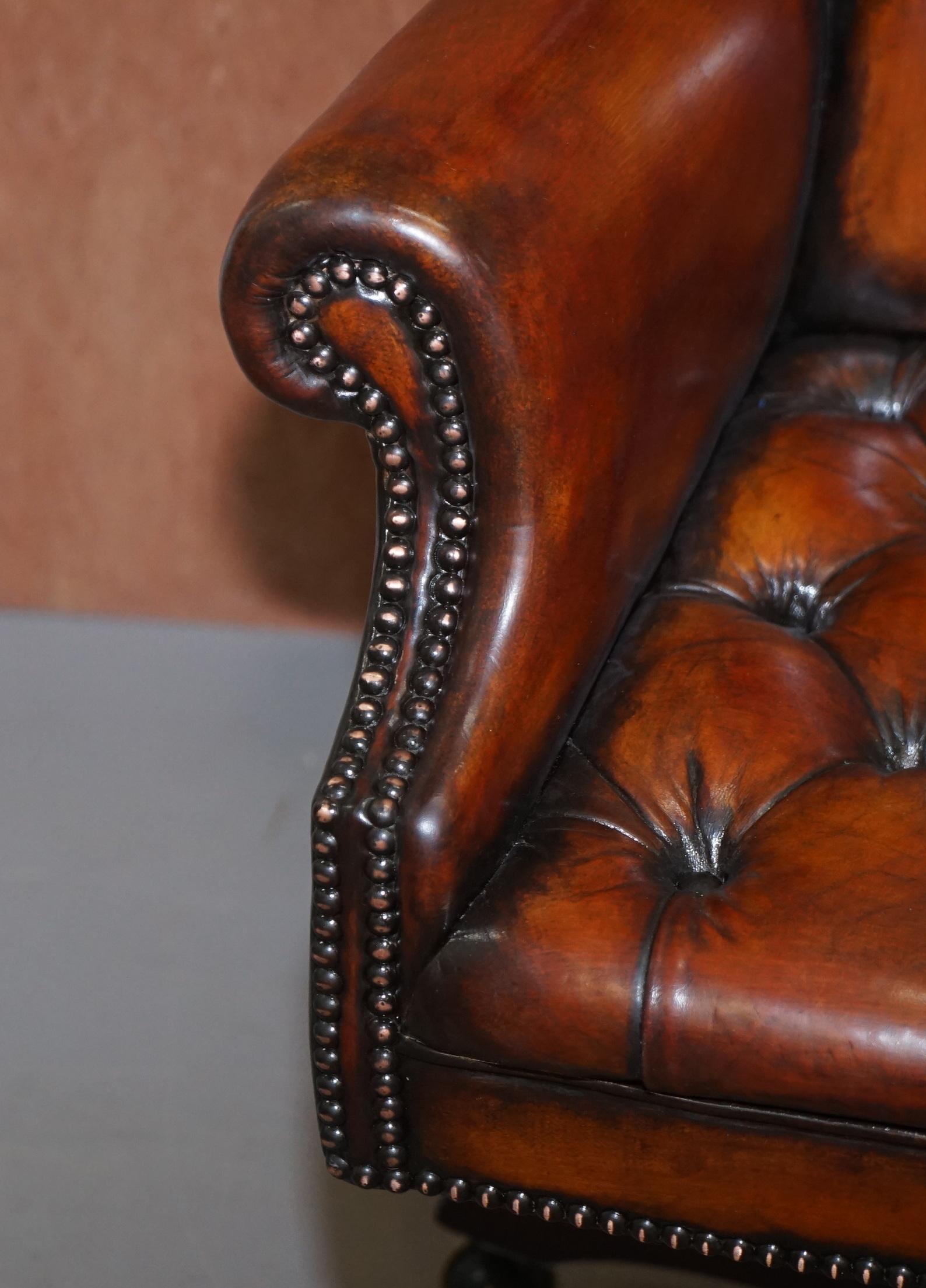 Hand-Crafted Chesterfield Restored Wade Upholstery Brown Leather Wingback Captains Chair