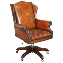 Chesterfield Restored Wade Upholstery Brown Leather Wingback Captains Chair