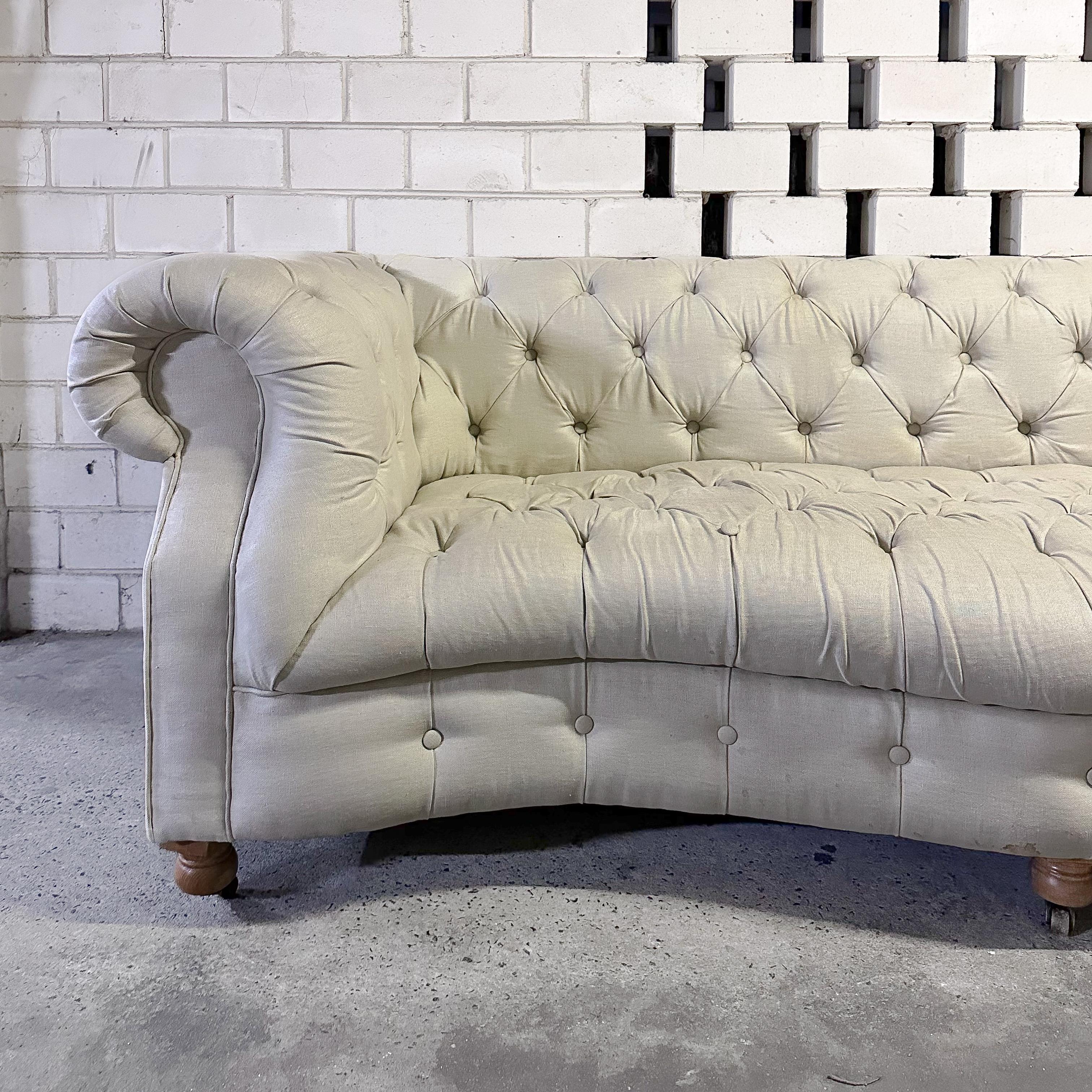 French Chesterfield Serpentine Linen 3 Seater Sofa  For Sale