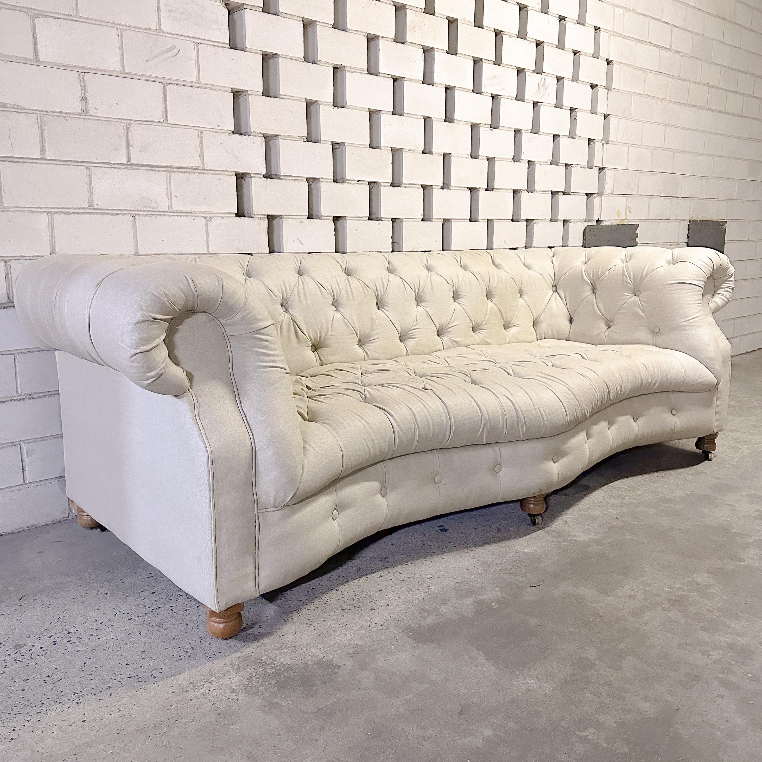 Hand-Crafted Chesterfield Serpentine Linen 3 Seater Sofa  For Sale
