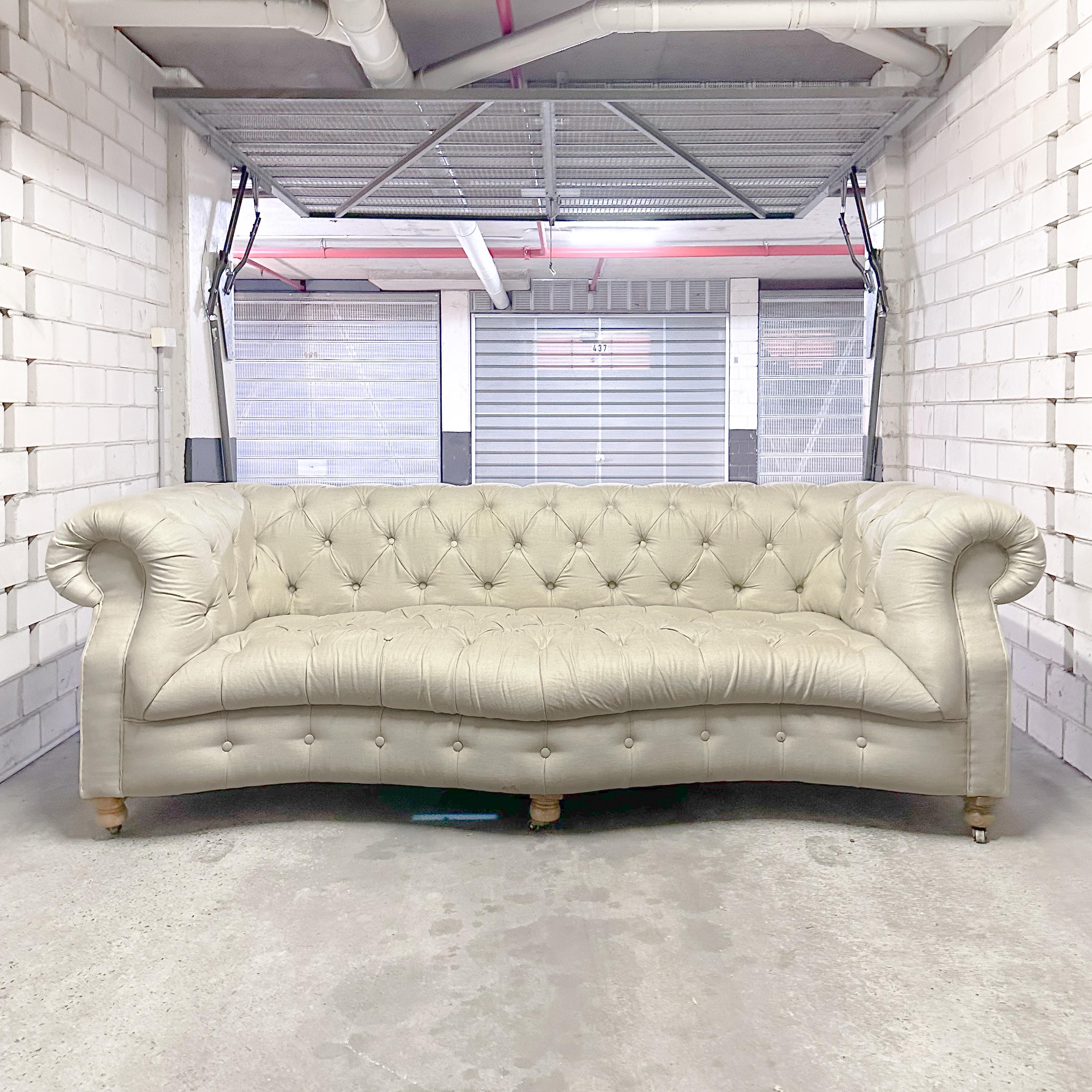 Chesterfield Serpentine Linen 3 Seater Sofa  In Good Condition For Sale In ROSEBERY, NSW