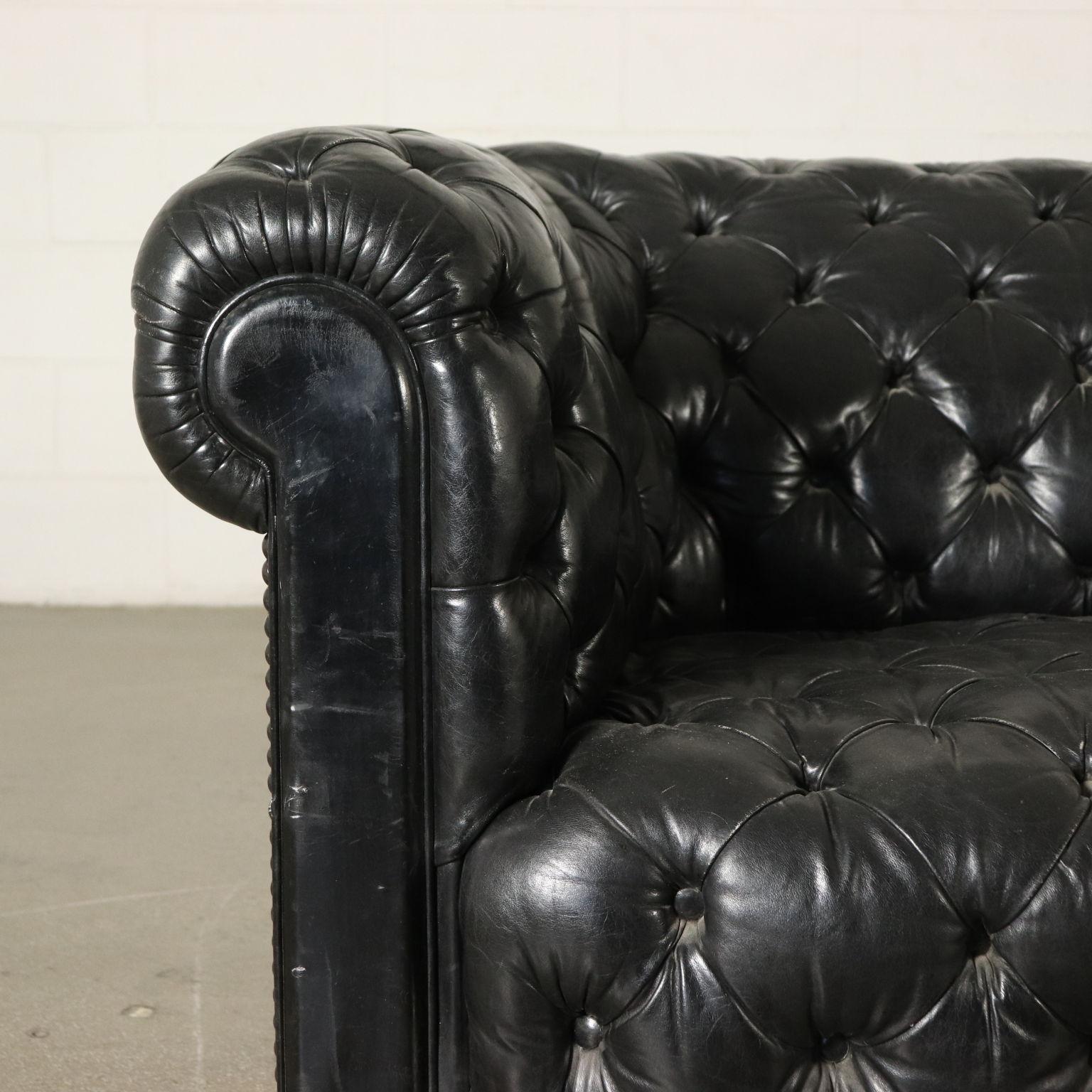 Italian Chesterfield Sofa Black Leather, Italy, First Half of the 1900s