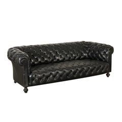 Antique Chesterfield Sofa Black Leather, Italy, First Half of the 1900s