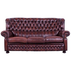Chesterfield Sofa Brown Leather Three-Seat Couch Vintage Retro Rivets