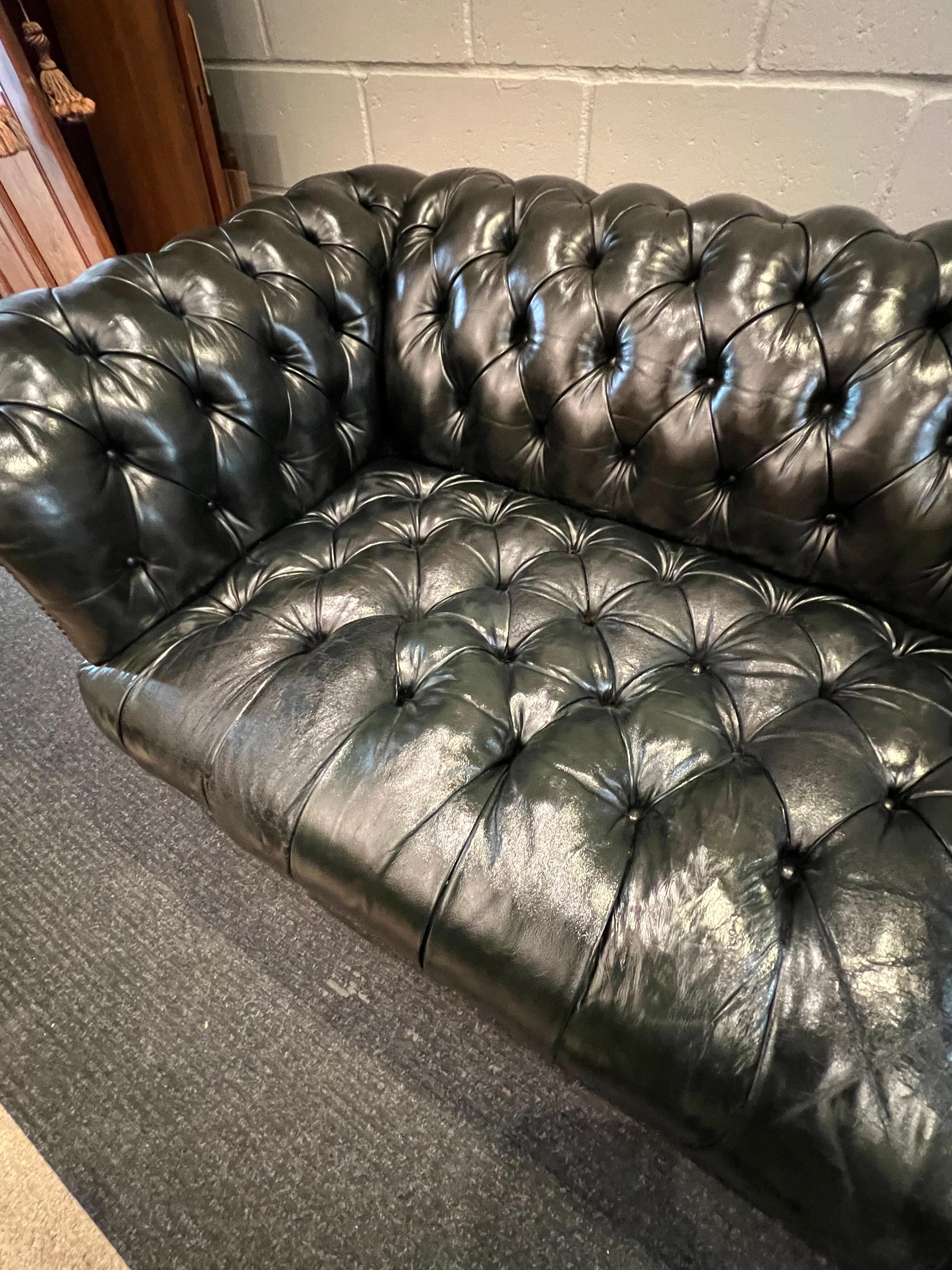 Brass Chesterfield Sofa, Button Tufted in Green Leather Sofa