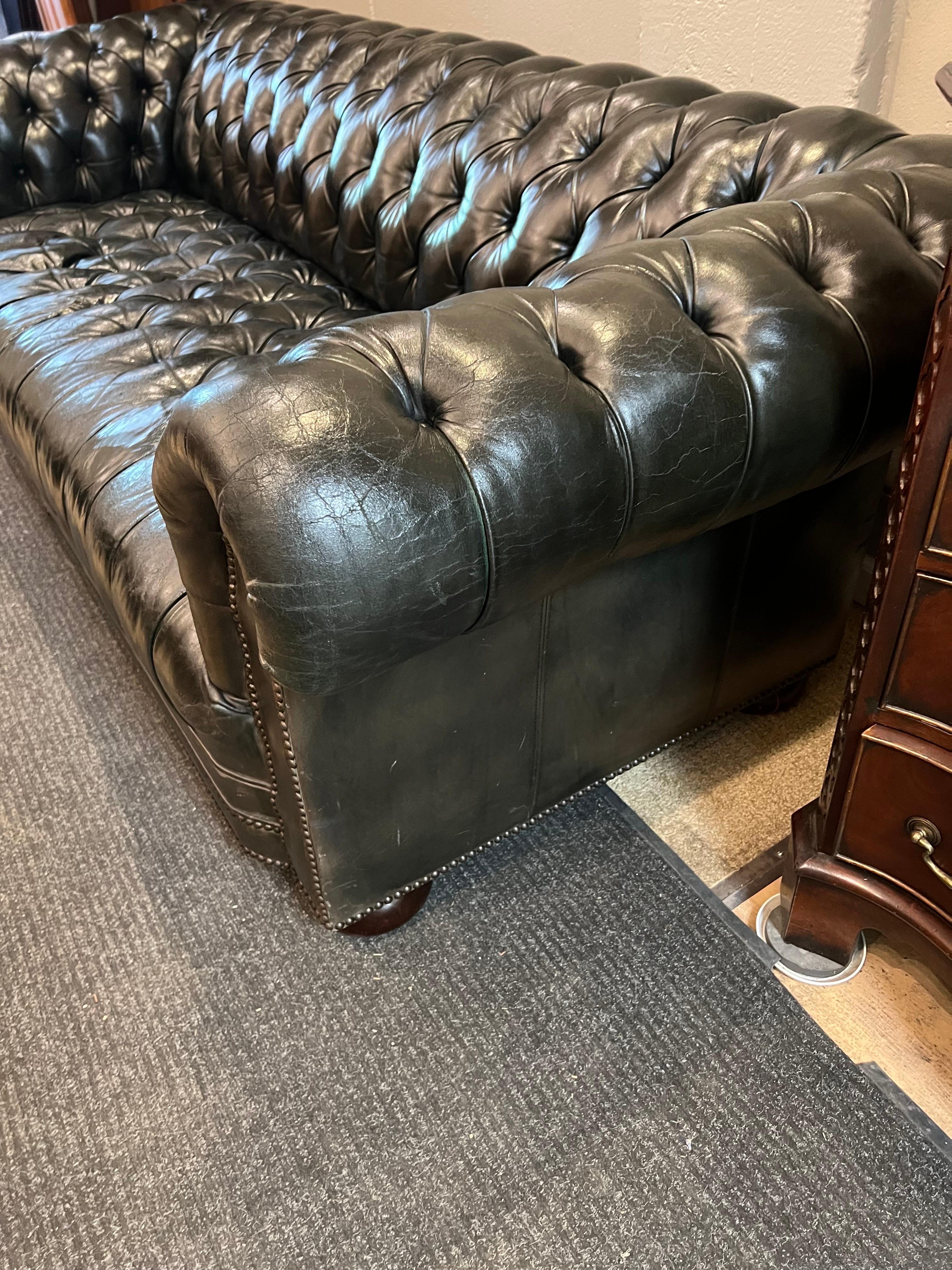 Brass Chesterfield Sofa, Button Tufted in Green Leather Sofa