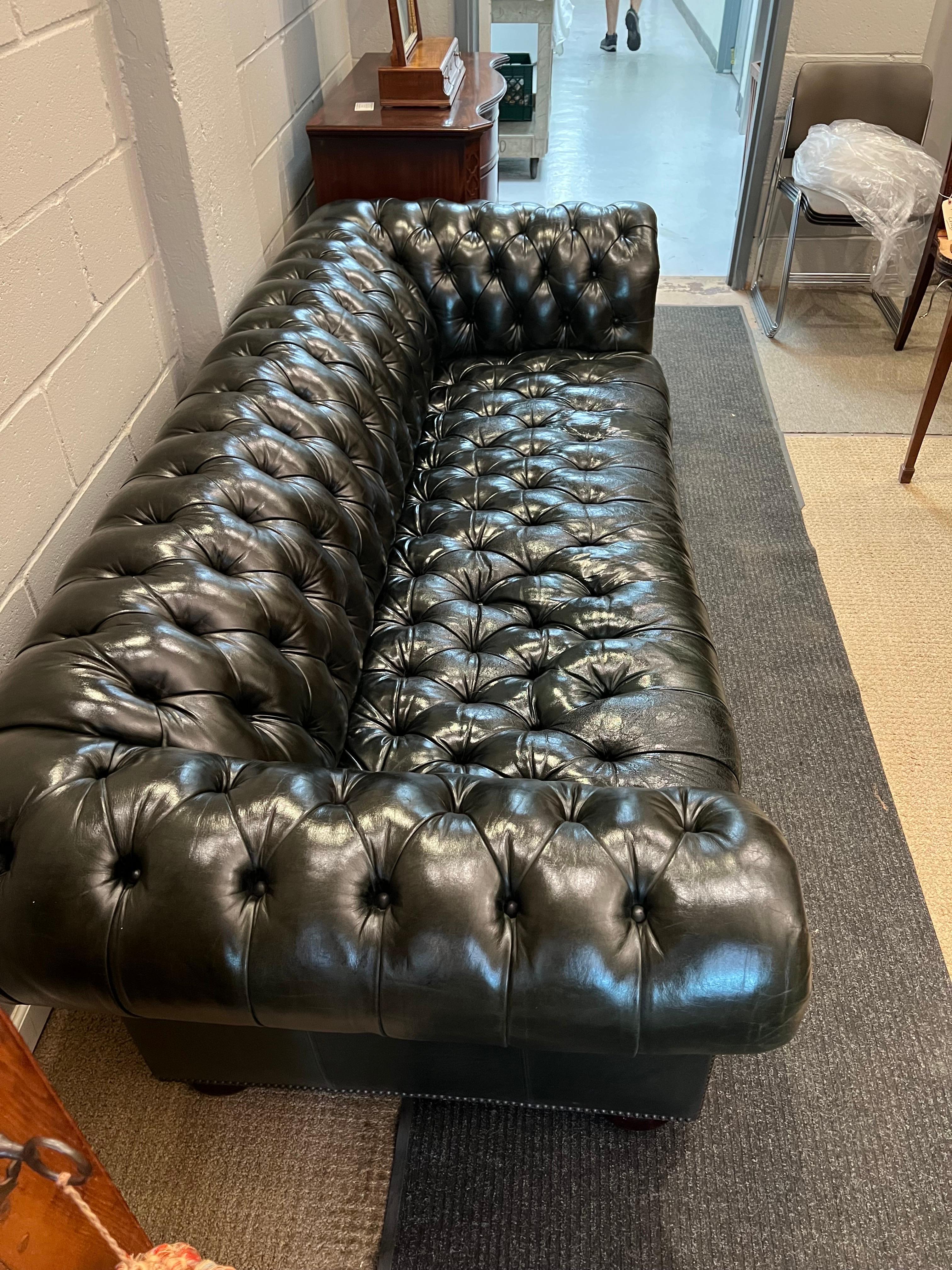 Chesterfield Sofa, Button Tufted in Green Leather Sofa 4