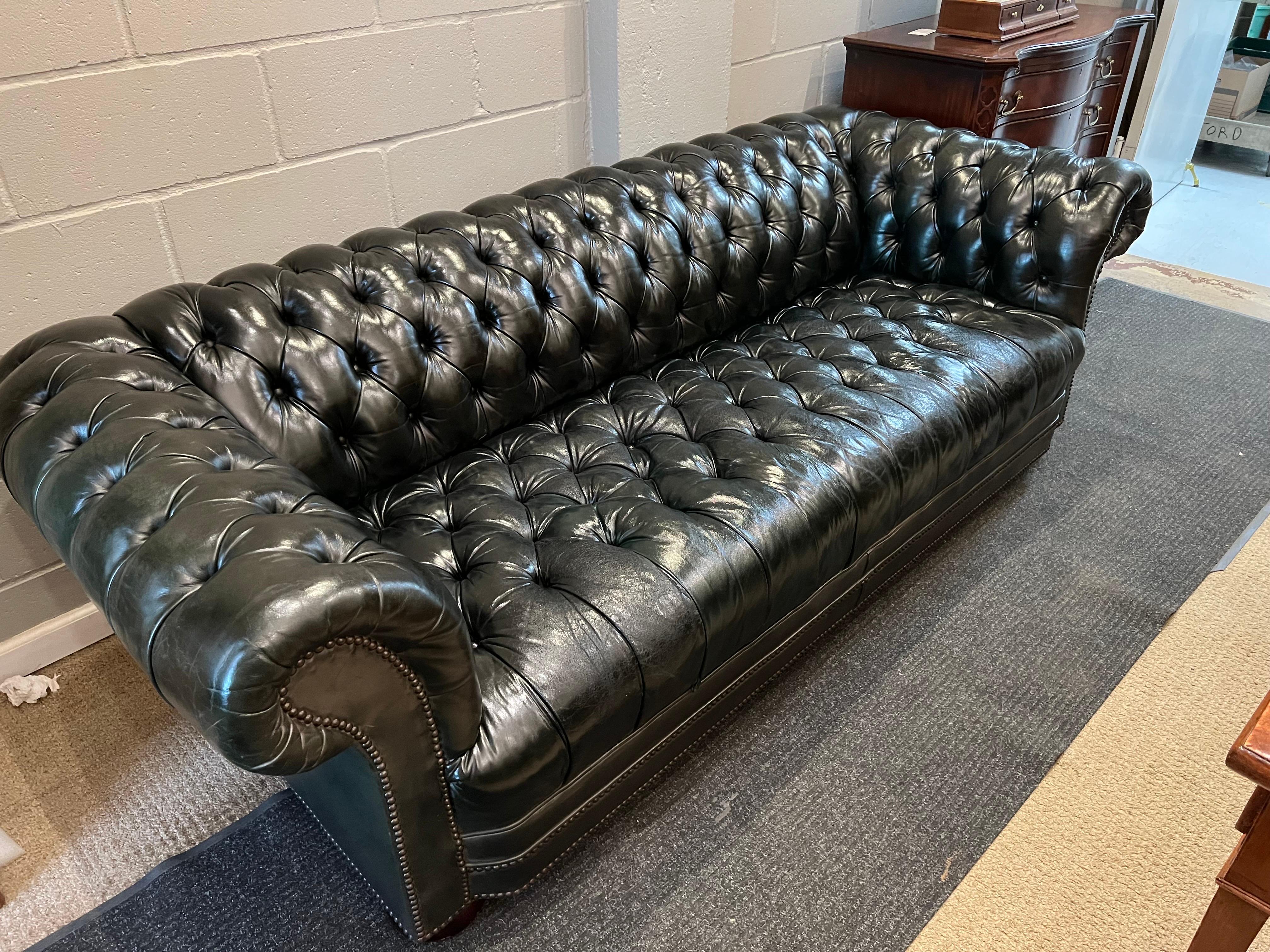 Chesterfield Sofa, Green Leather 

Having button tufted back seats and arms, with flat leather panels on back and sides 
It may surprise you to know that Chesterfield sofas are thought to date as far back as the mid-1700s, when Lord Philip