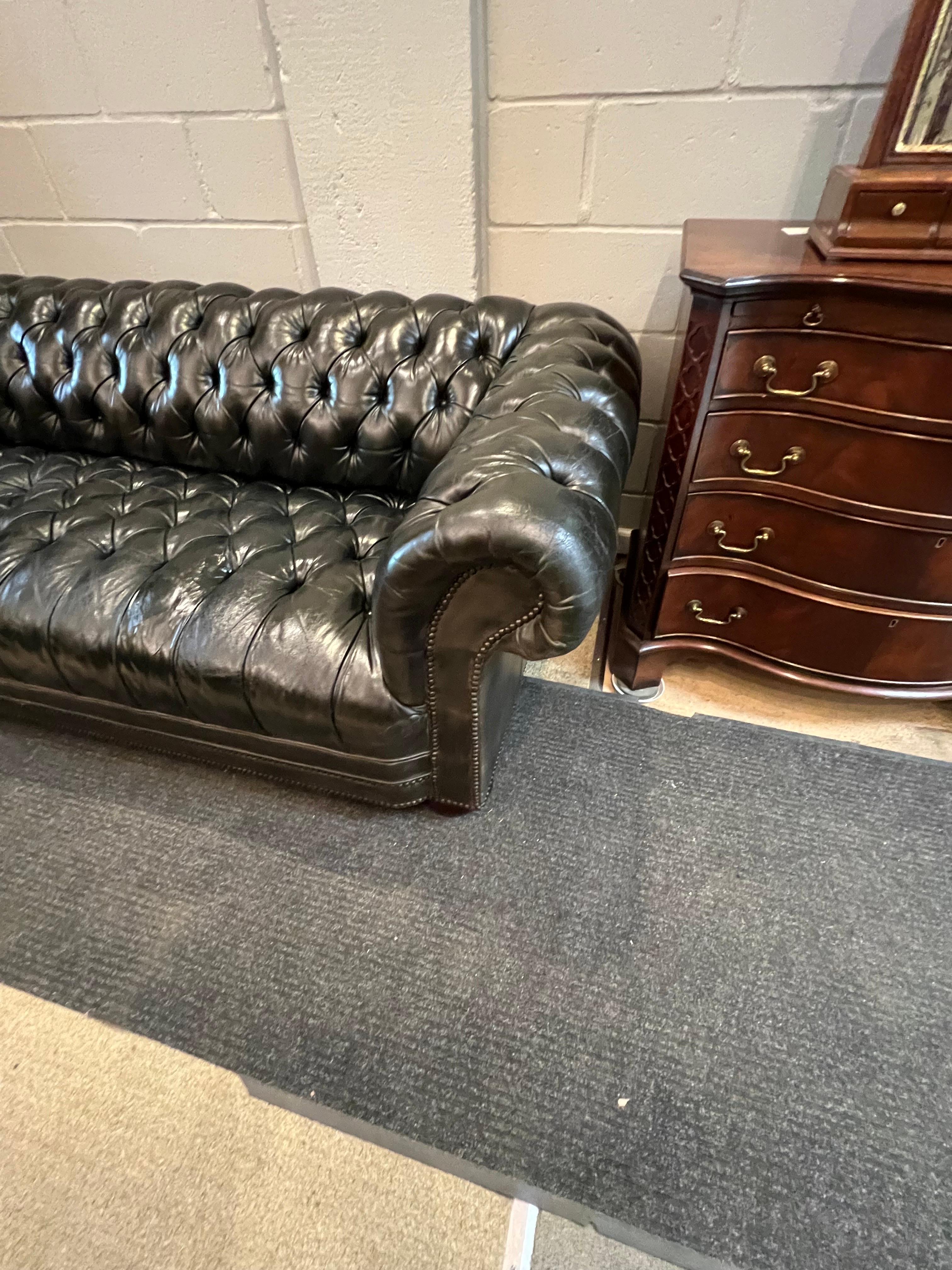 Victorian Chesterfield Sofa, Button Tufted in Green Leather Sofa