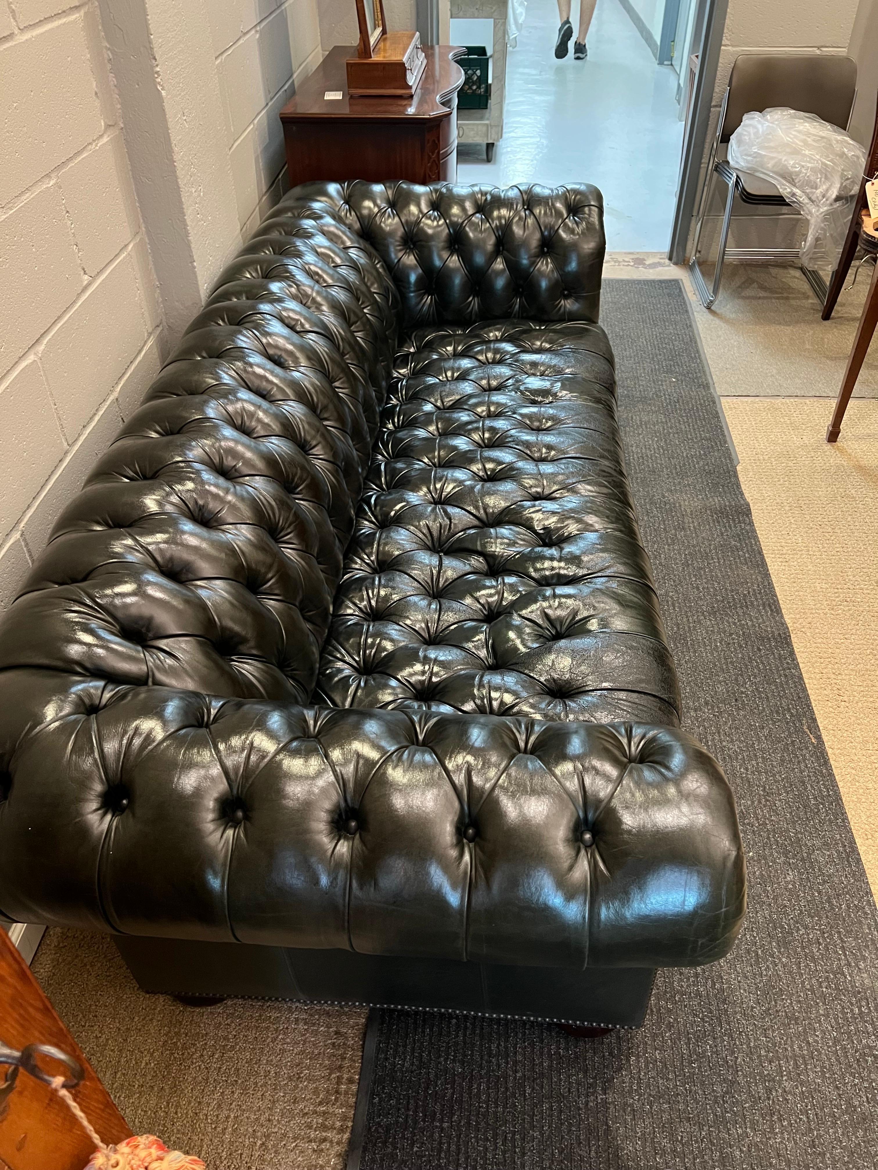 English Chesterfield Sofa, Button Tufted in Green Leather Sofa