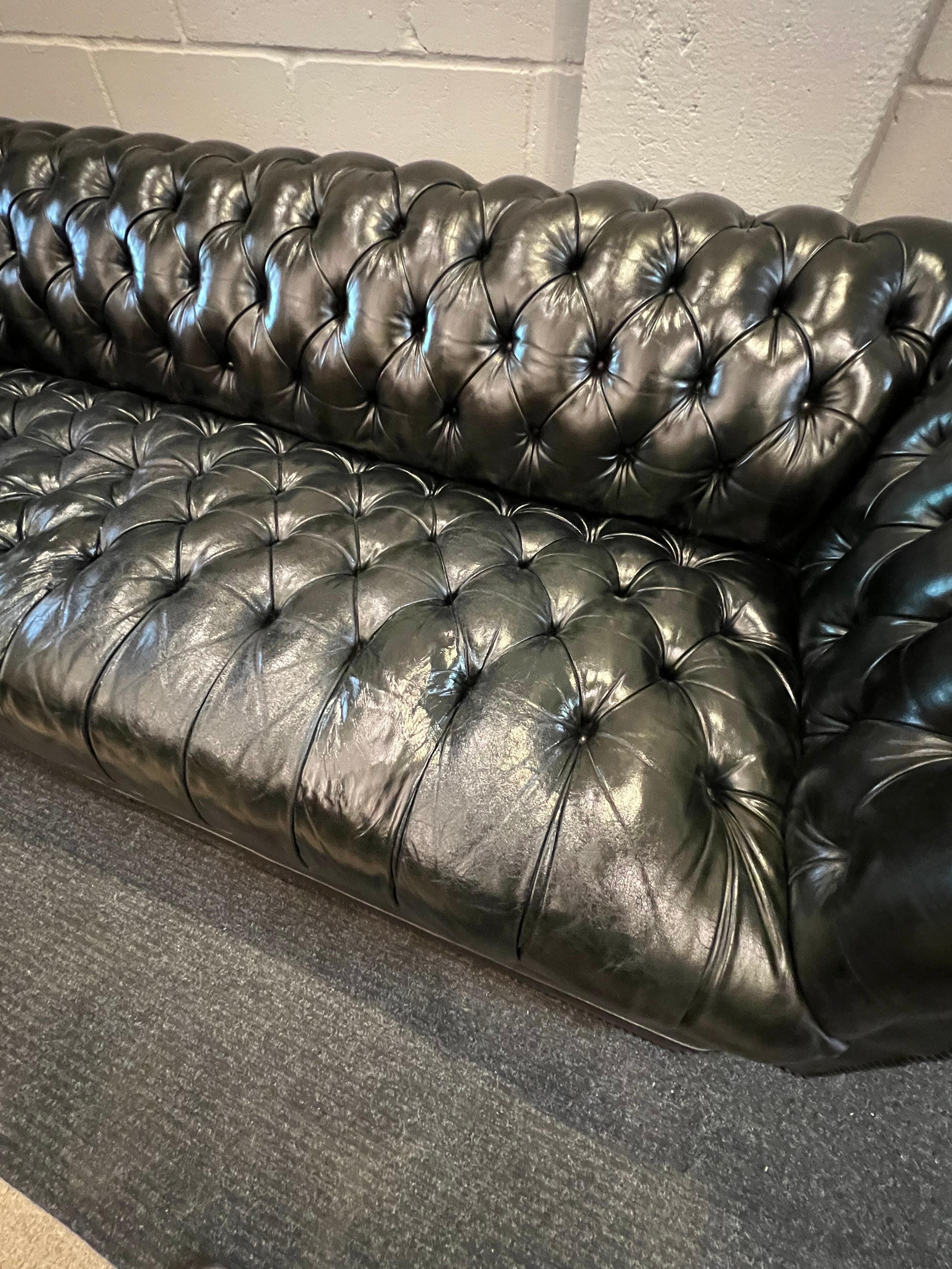 20th Century Chesterfield Sofa, Button Tufted in Green Leather Sofa