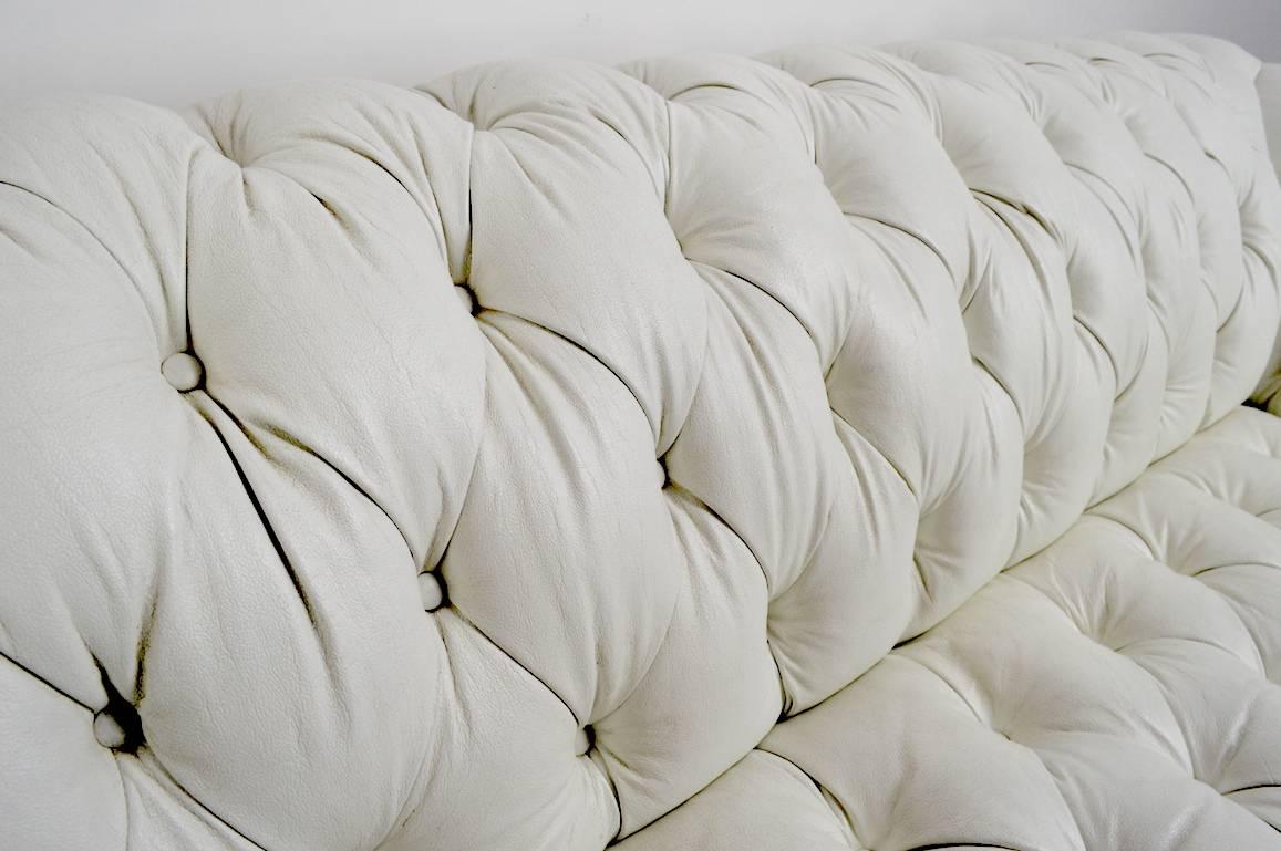 Hollywood Regency Chesterfield Sofa in White Vinyl Upholstery For Sale