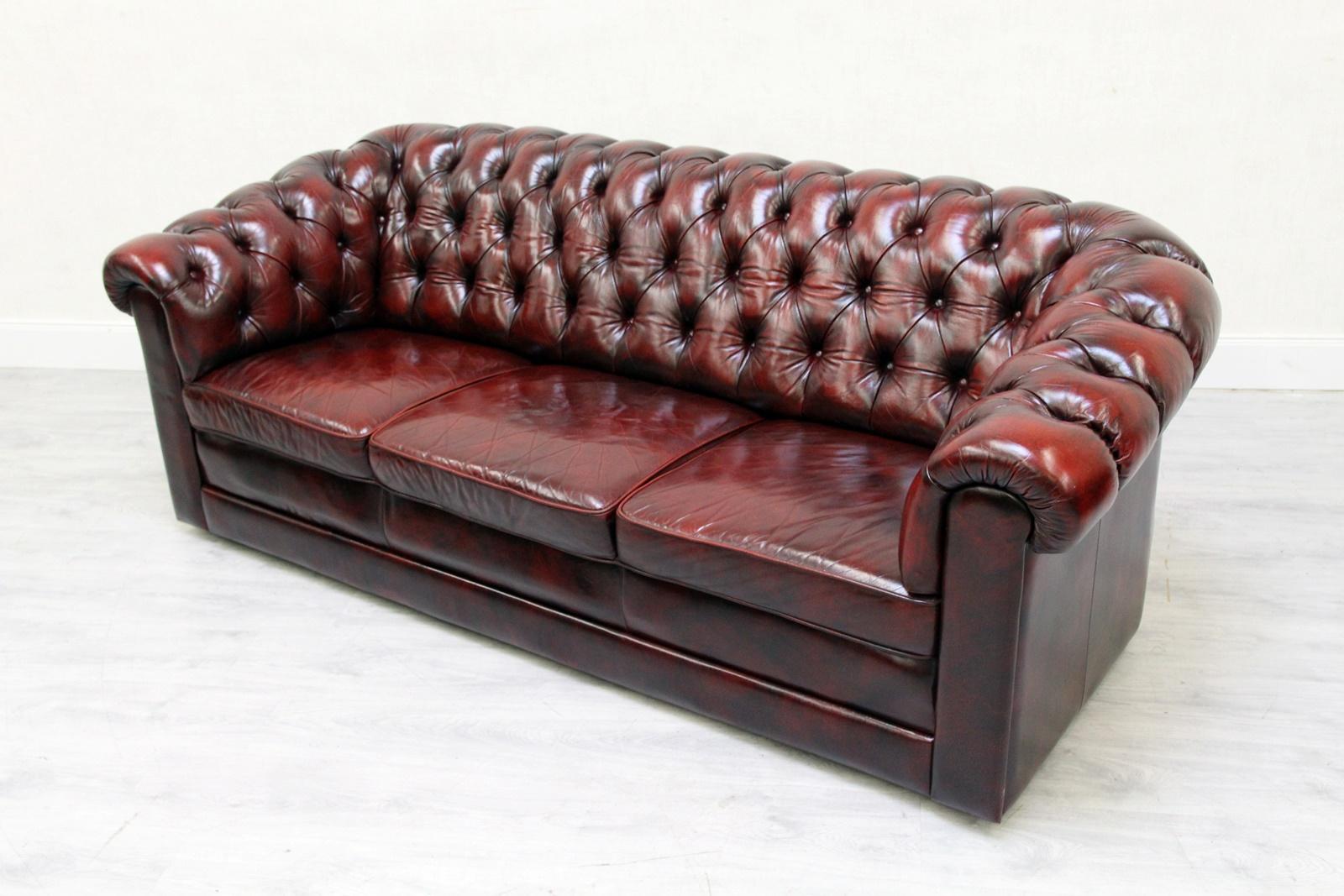 Late 20th Century Chesterfield Sofa Leather Antique Vintage Couch English Real Leather For Sale
