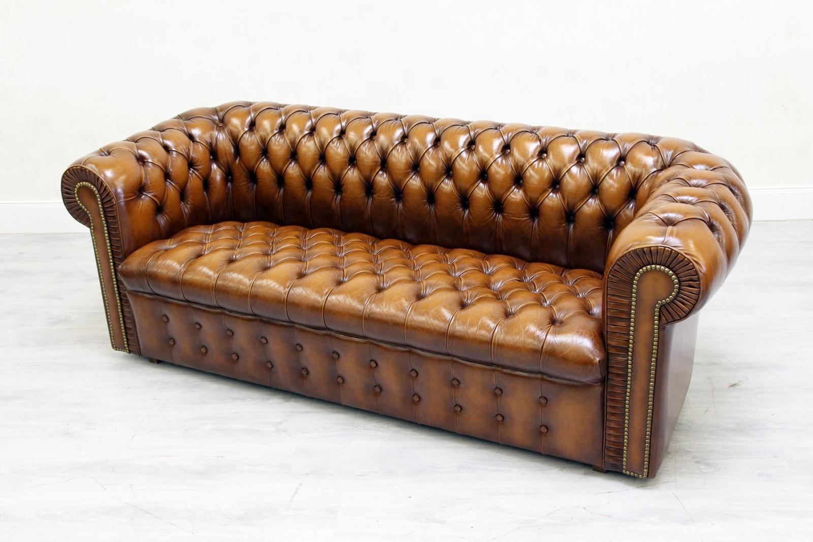 Chesterfield Sofa Leather Antique Vintage Couch English Real Leather For Sale 1