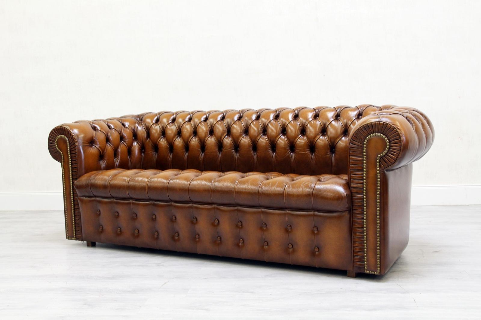 Chesterfield Sofa Leather Antique Vintage Couch English Real Leather For Sale 2