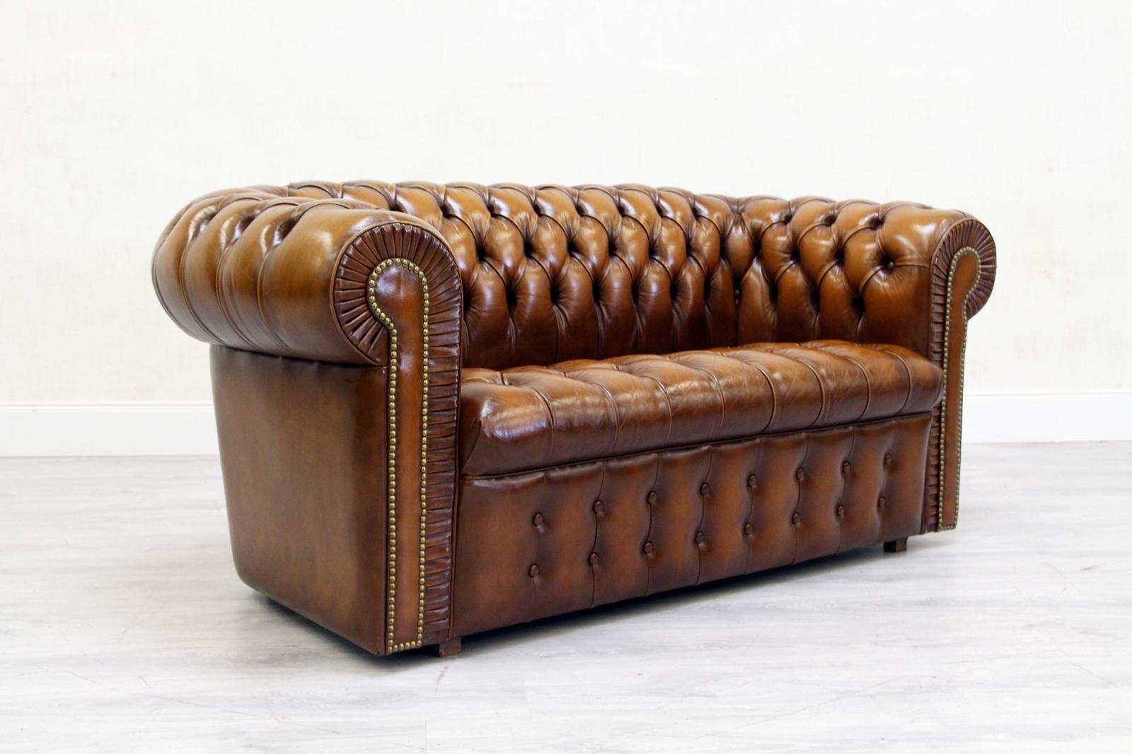 Chesterfield Sofa Leather Antique Vintage Couch English Real Leather For Sale 3