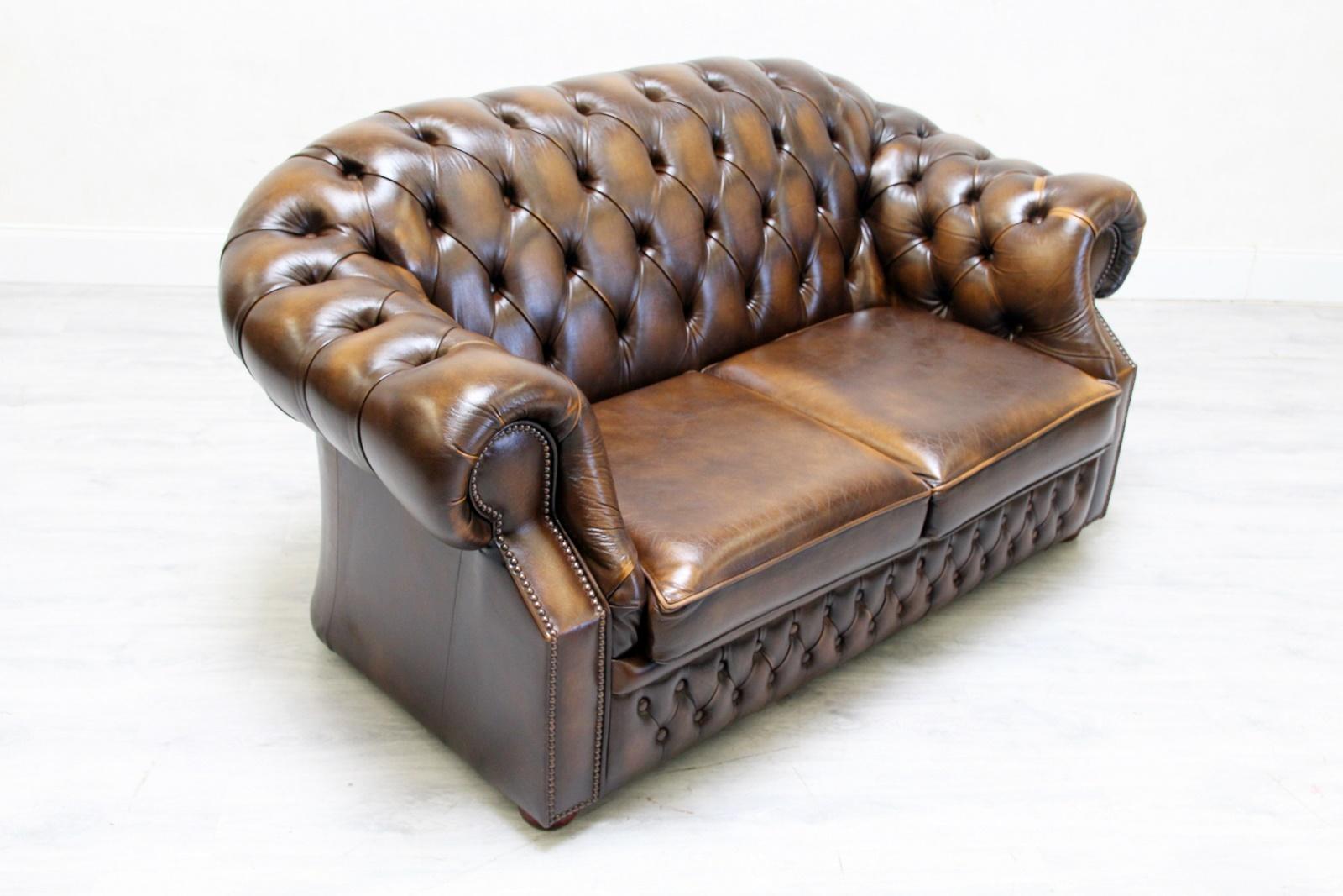 Chesterfield Sofa Leather Antique Vintage Couch English Real Leather For Sale 2
