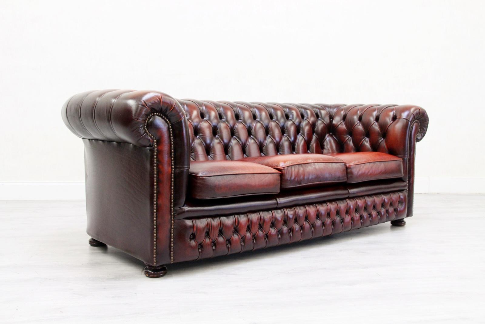 Chesterfield Sofa Leather Antique Vintage Couch English Real Leather For Sale 4