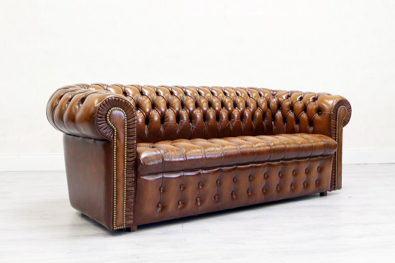 Chesterfield Sofa Leather Antique Vintage Couch English Real Leather For Sale 5