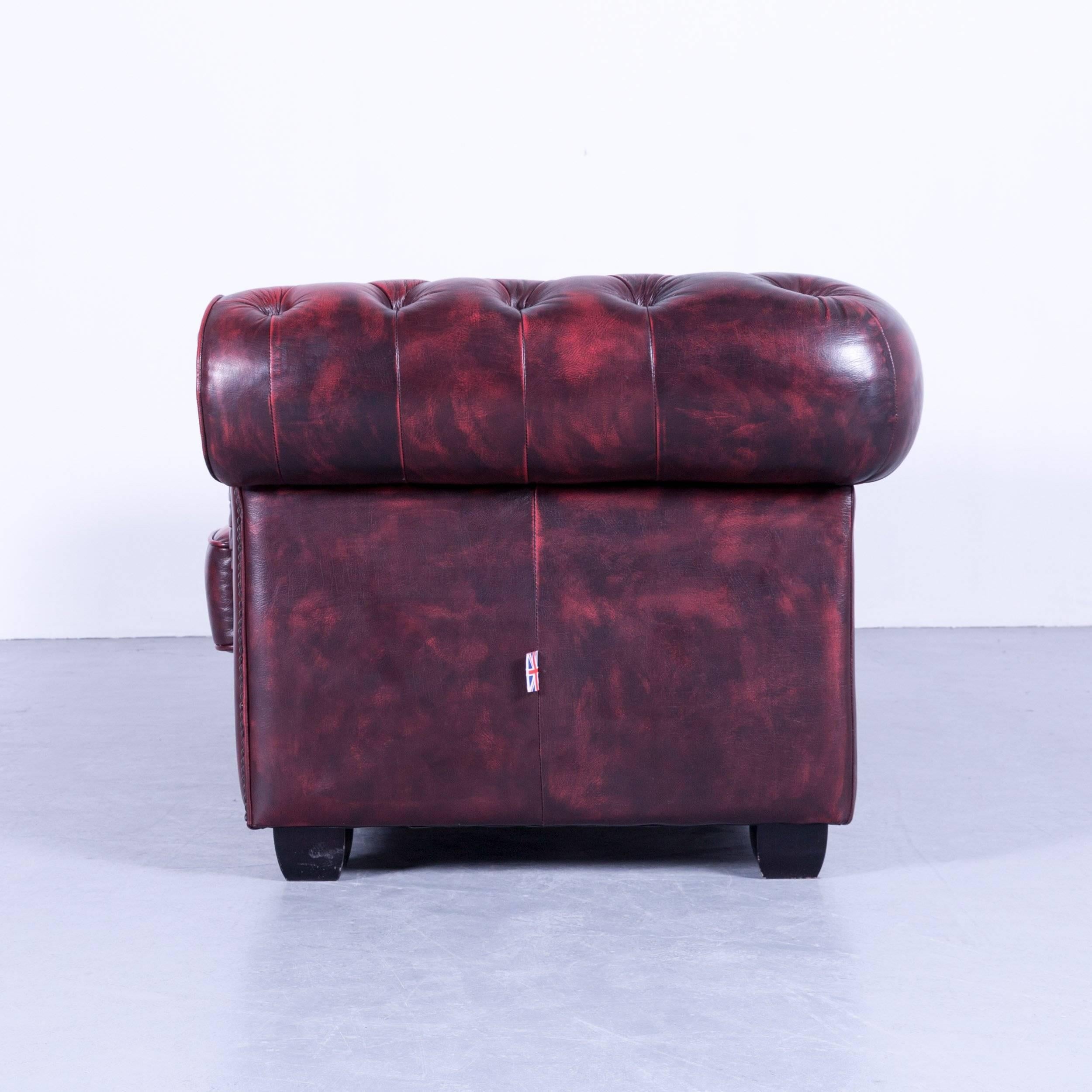 Leather Chesterfield Sofa Oxblood Red Three-Seat Couch Vintage Retro Handmade Rivets