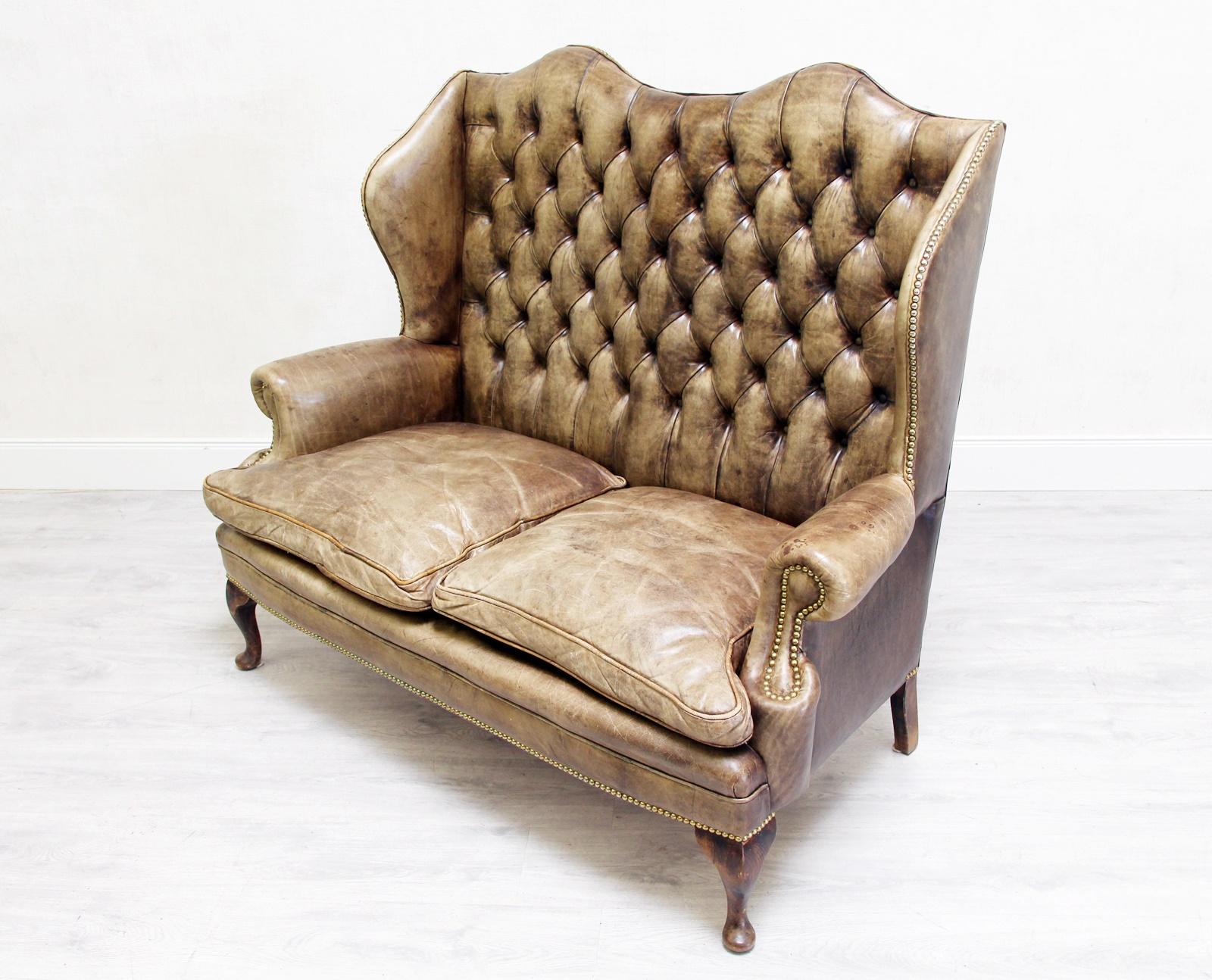 Late 20th Century Chesterfield Sofa Set Armchair Couch Antique Wing Chair For Sale