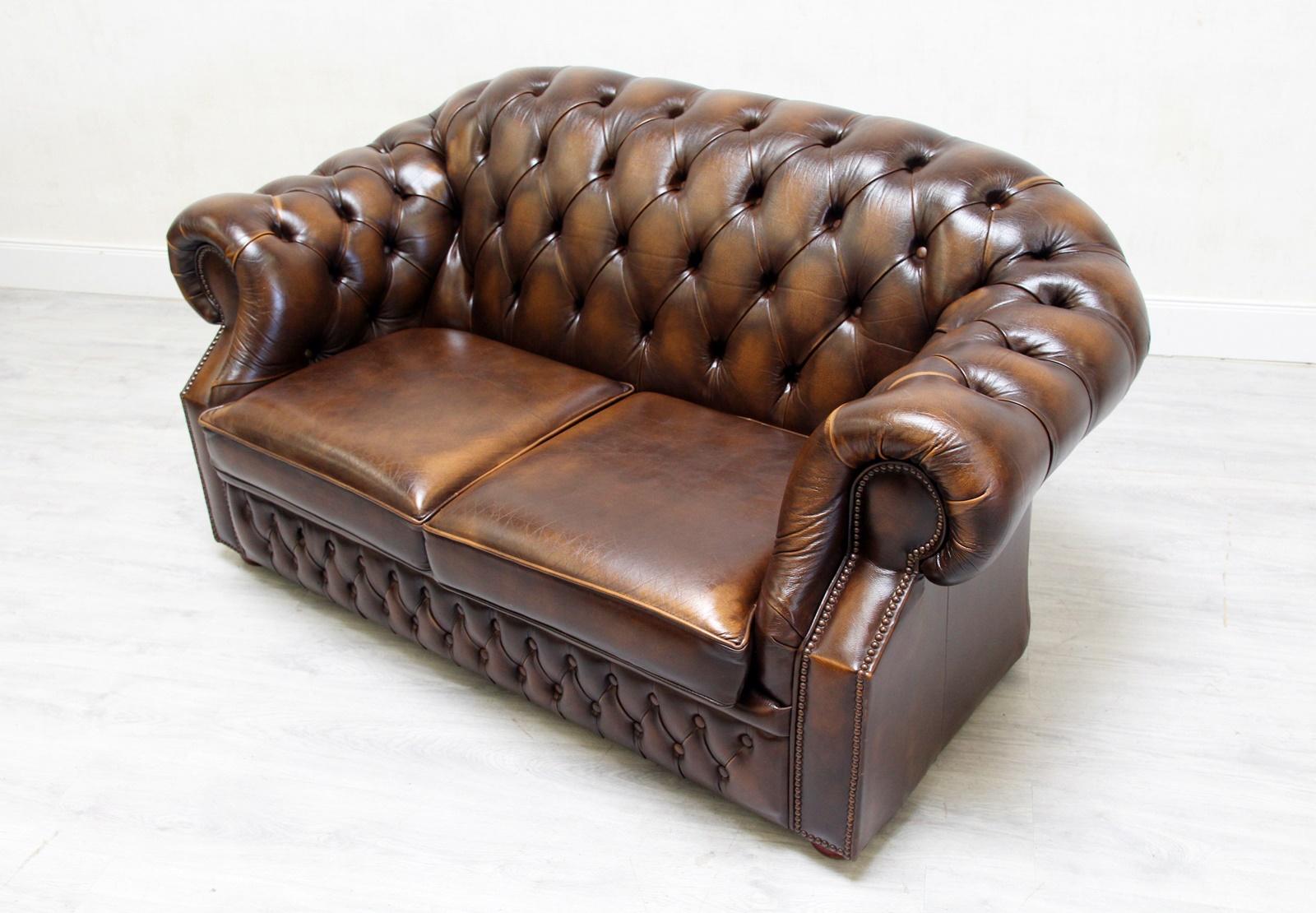 Chesterfield Sofa Set Armchair Genuine Leather Couch Antique For Sale 11